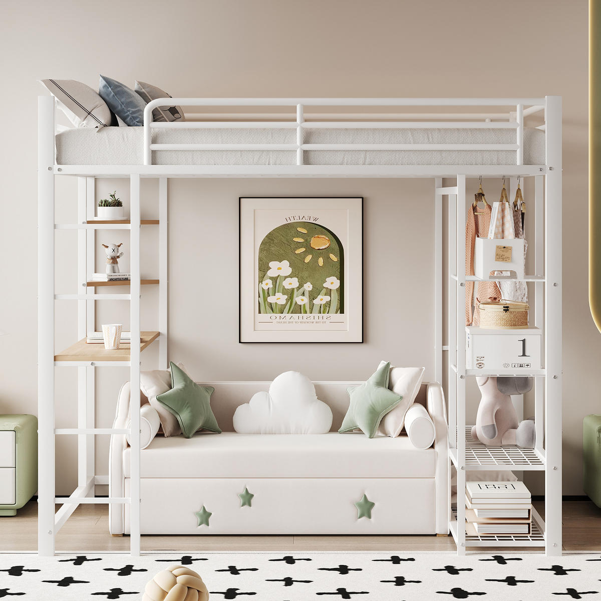 HOCHBETT aus Metall 90x200 cm in Weiß mit Schreibtisch & Kleiderstange - Weiß, Metall (90/200cm) - Modfu