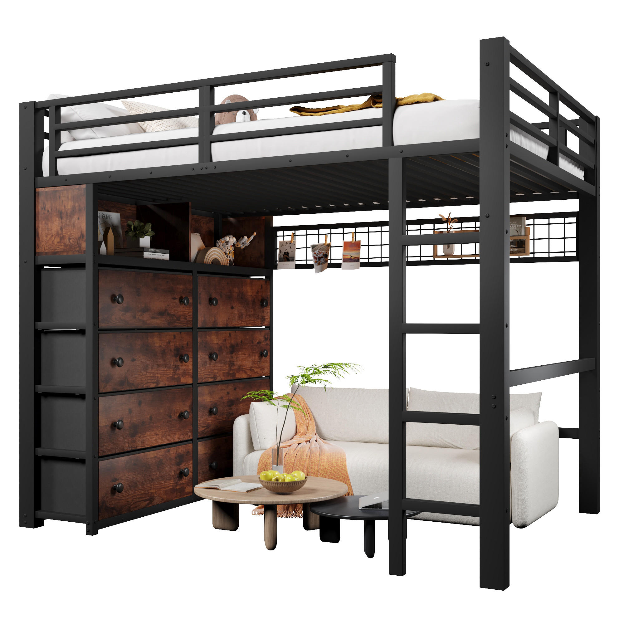 HOCHBETT mit 8 Schubladen 140x200 cm Metall Schwarz - Schwarz, Metall (140/200cm) - Meubliv