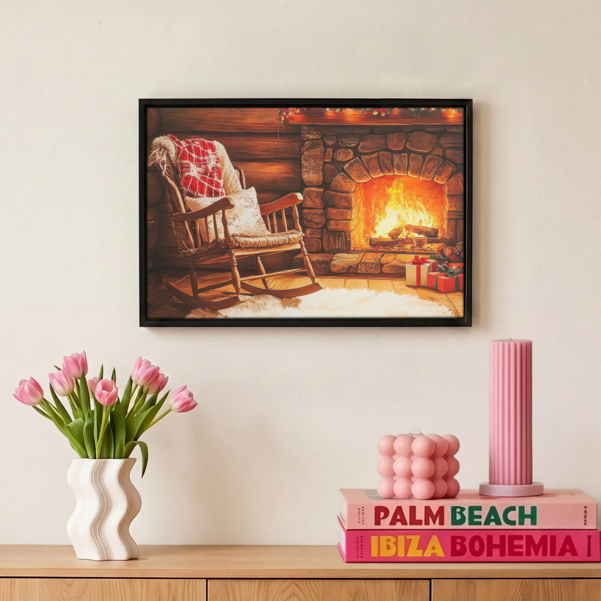 LEINWAND Bilder mit Rahmen - Winter - Weihnachten - Zuhause - Kamin - 30x20 - Bernsteinfarben, Textil (30/20cm) - MuchoWow