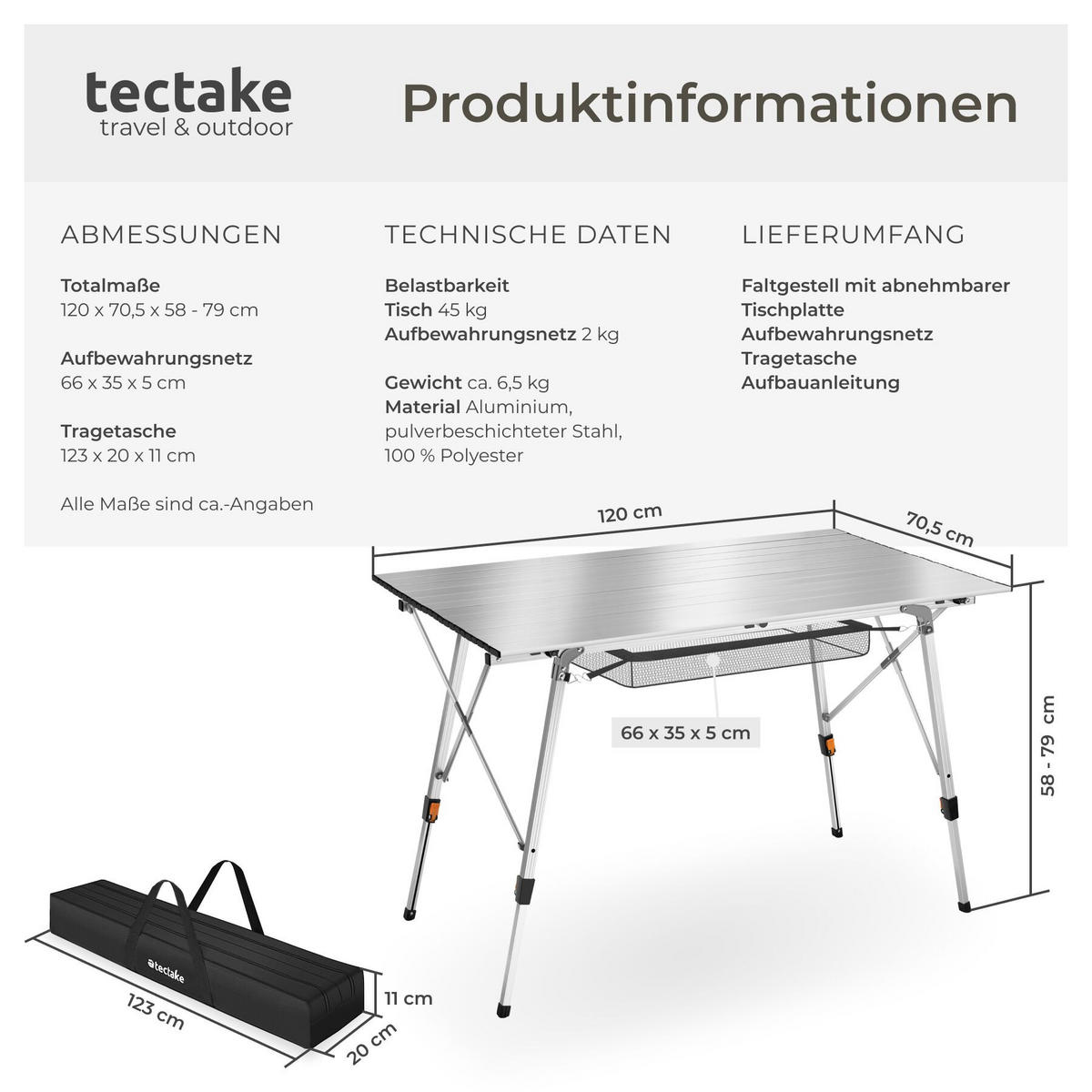 CAMPINGTISCH aus Aluminium Bastian, 120 x 70,5 x 58 – 79 cm, silber - Silberfarben, Metall (120/70.5/79cm) - tectake