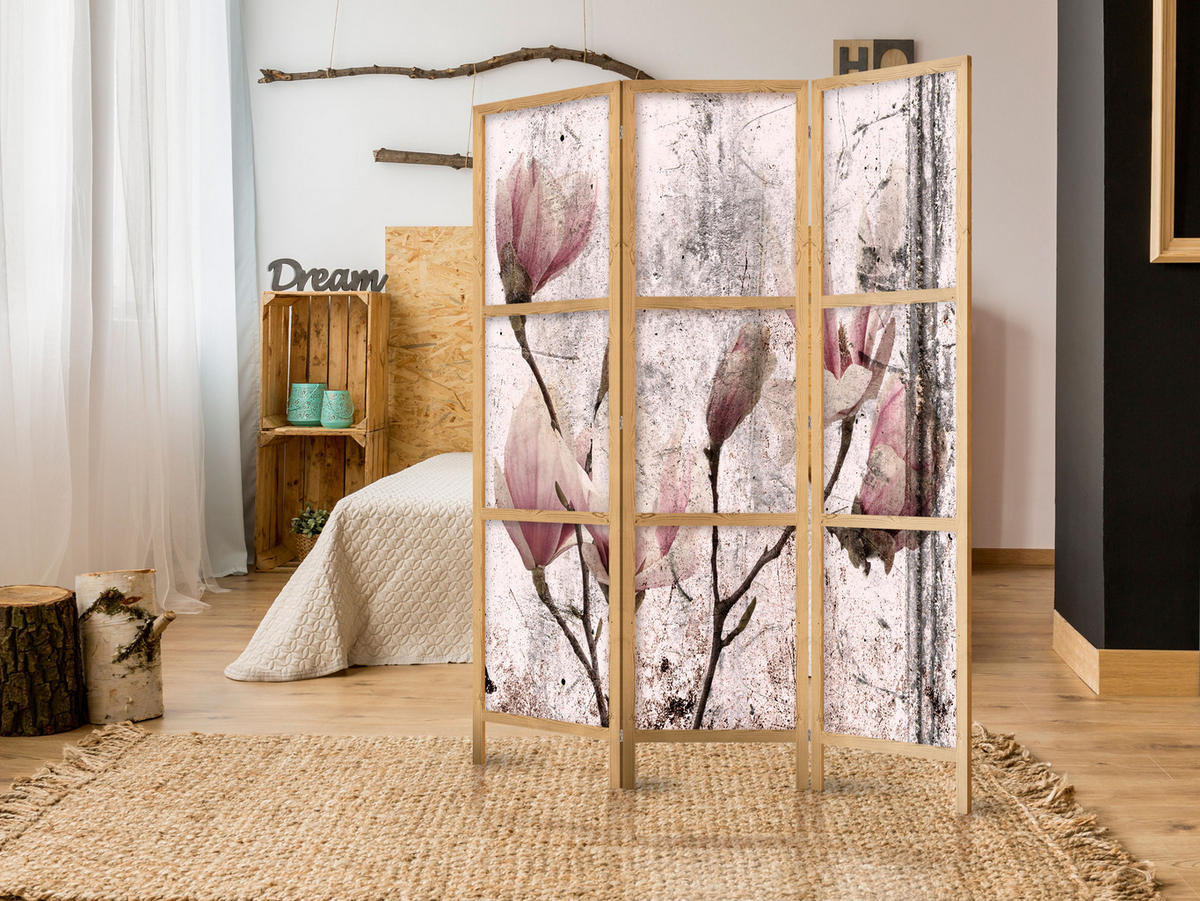 PARAVENT Japanischer 3-tlg 135x172 cm Vintage Magnolien - Rosa, Holz/Textil (135/172/3cm) - Muralo