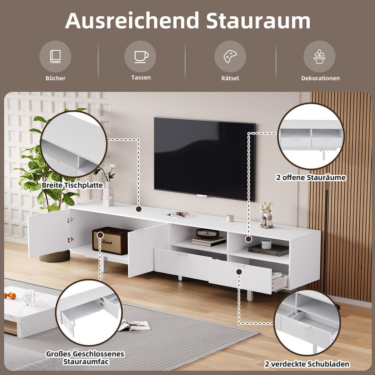 TV-SCHRANK 200x40cm Modern abstrakte Linien Stauraum Weiß bis 90 Zoll - Weiß, Holz (52.07/12.19/115.06cm) - FLIEKS