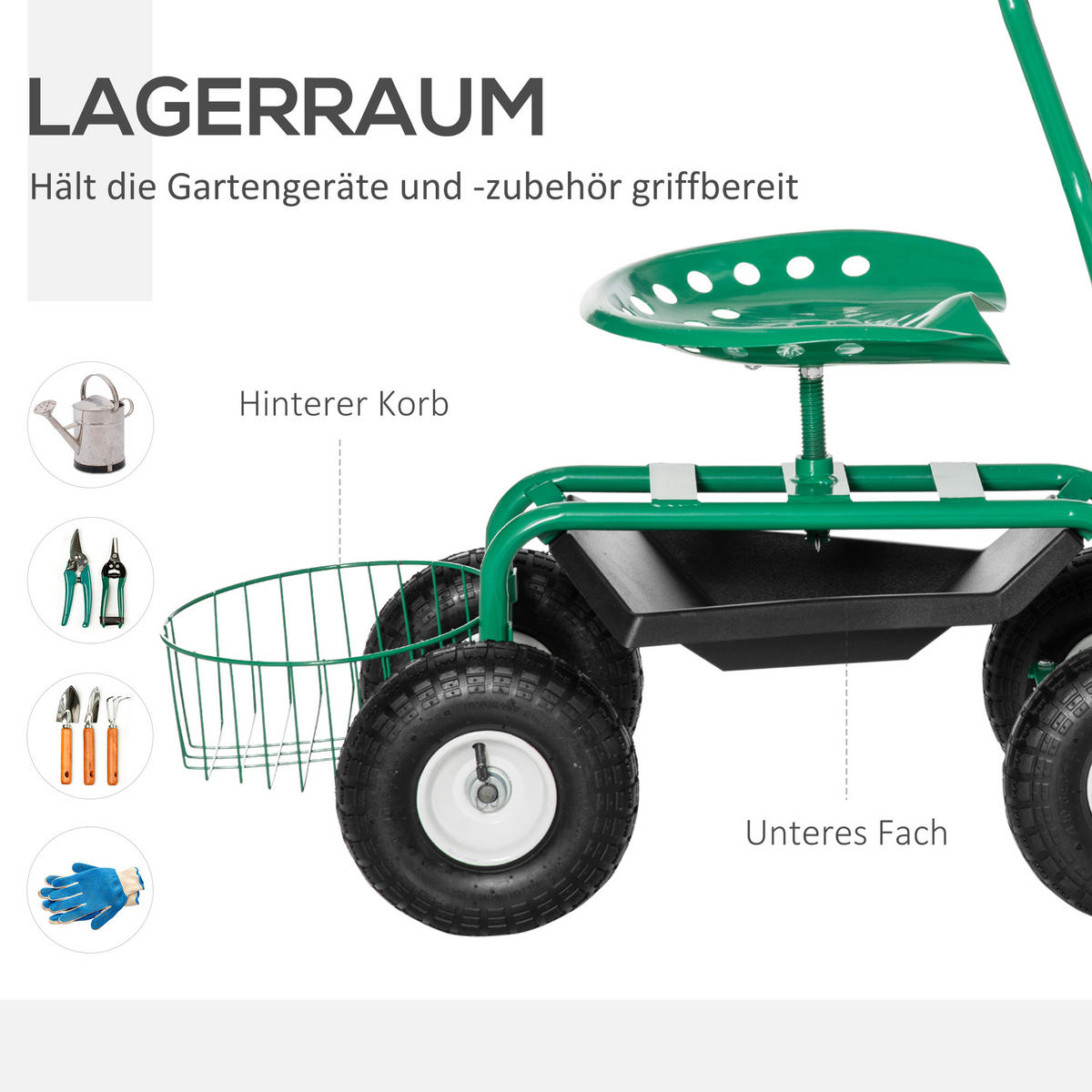 GARTENWAGEN mit Rollsitz bis 150 kg mit Ablage Korb für kleine Gartengeräte - Grün, Metall (45/87/98cm) - Outsunny