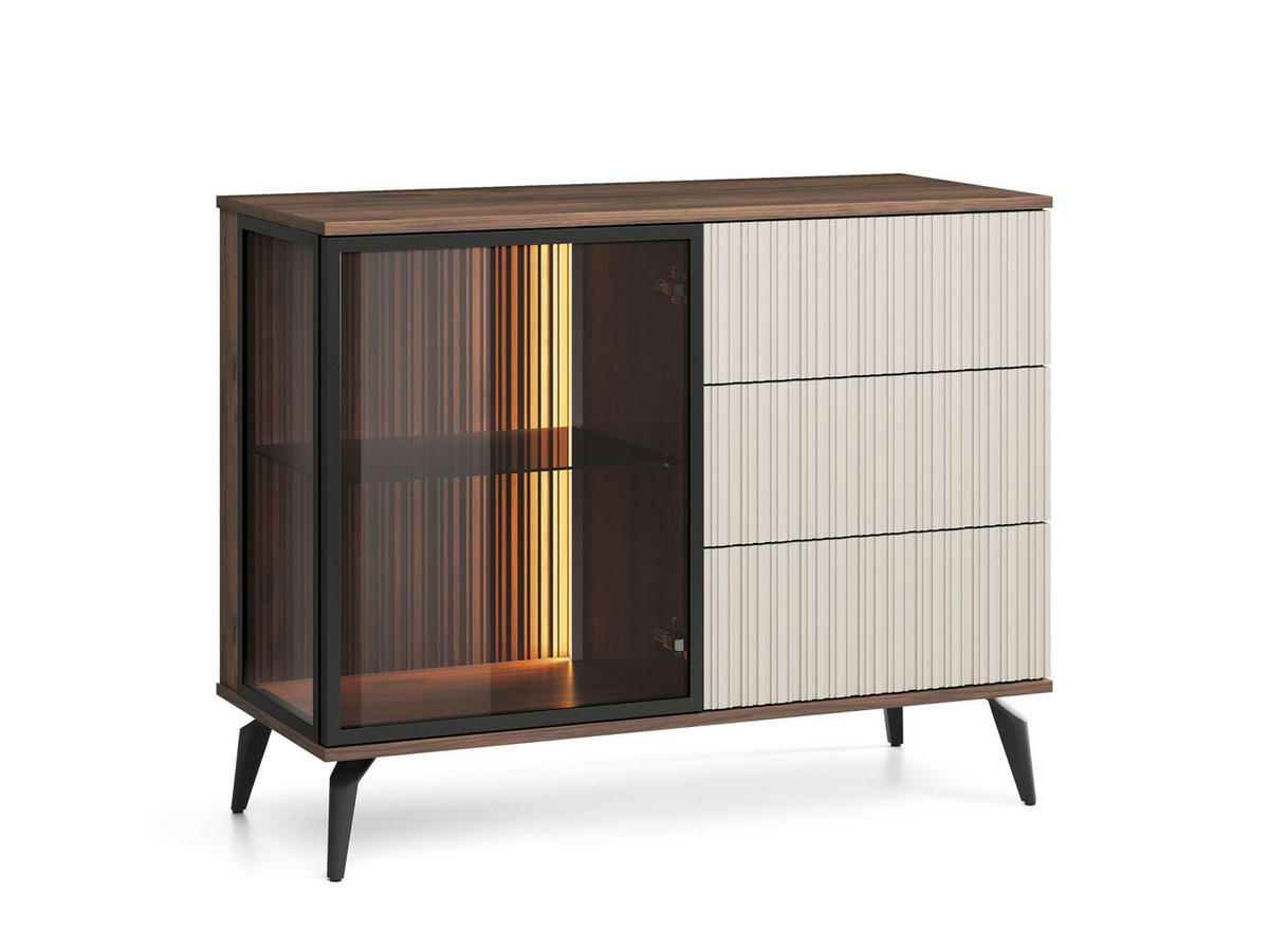 KOMMODE Vico Braun mit Beige, Kombikommode mit Led-Beleuchtung - Beige/Schwarz, Holzwerkstoff (103/80/39cm) - Bettso