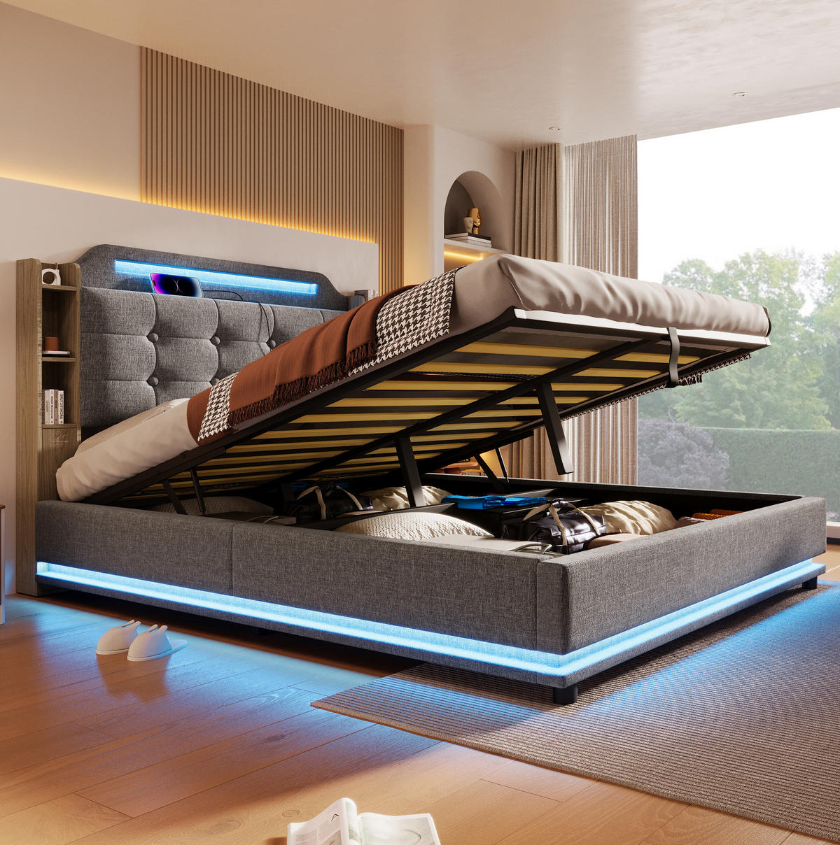 ČALÚNENÁ posteľ z ľanu 140x200 cm sivá s LED osvetlením, hydraulickým úložným priestorom a USB+USB-C - sivá, textil (140/200cm) - Modfu