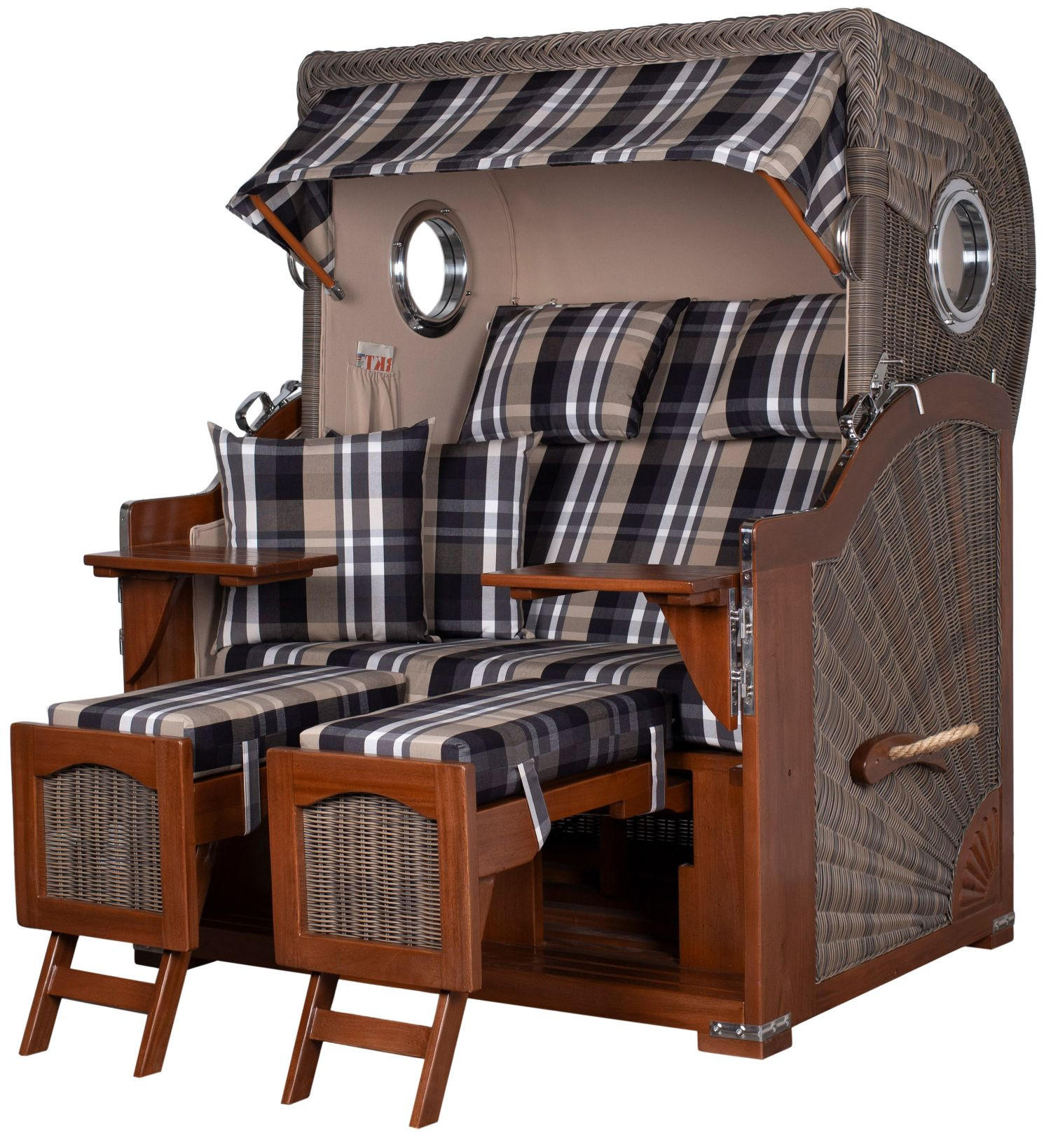 STRANDKORB Komplettset: Ammersee Mahagoni Bullauge - PE grau - Modell 583 - Beige/Braun, Holz/Kunststoff (125/165/80cm) - bene living