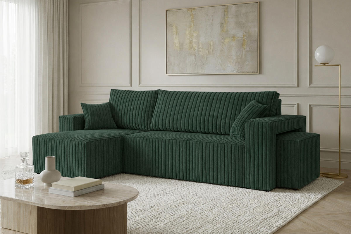 ECKSOFA Mit Schlaffunktion Und Pouf, Cordstoff Tilia, Grün, Links, Best L Mit Pouf - Grün, Holz (244/145cm) - Kaiser Möbel