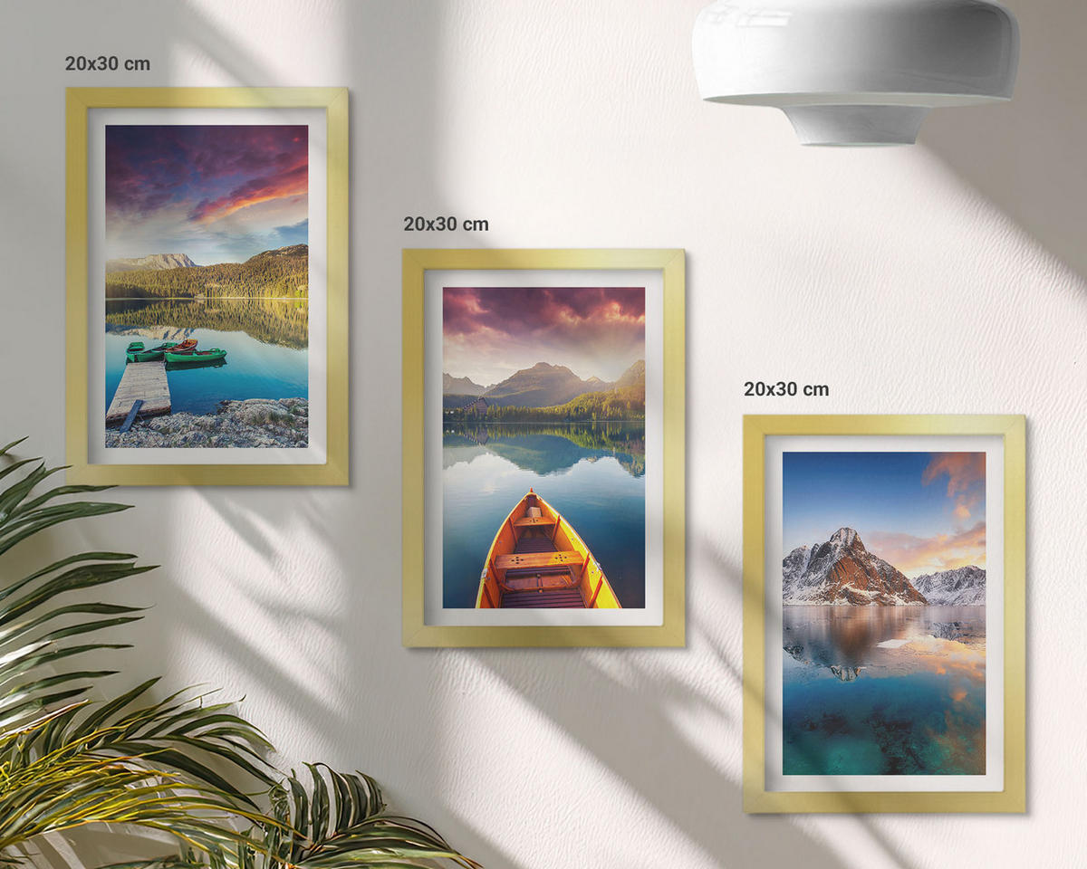 WANDBILDER 3er Set - 20x30 cm Goldrahmen - Seen, Berge, Boote, Frieden - Goldfarben, Kunststoff (20/30cm) - ArtPrintCave