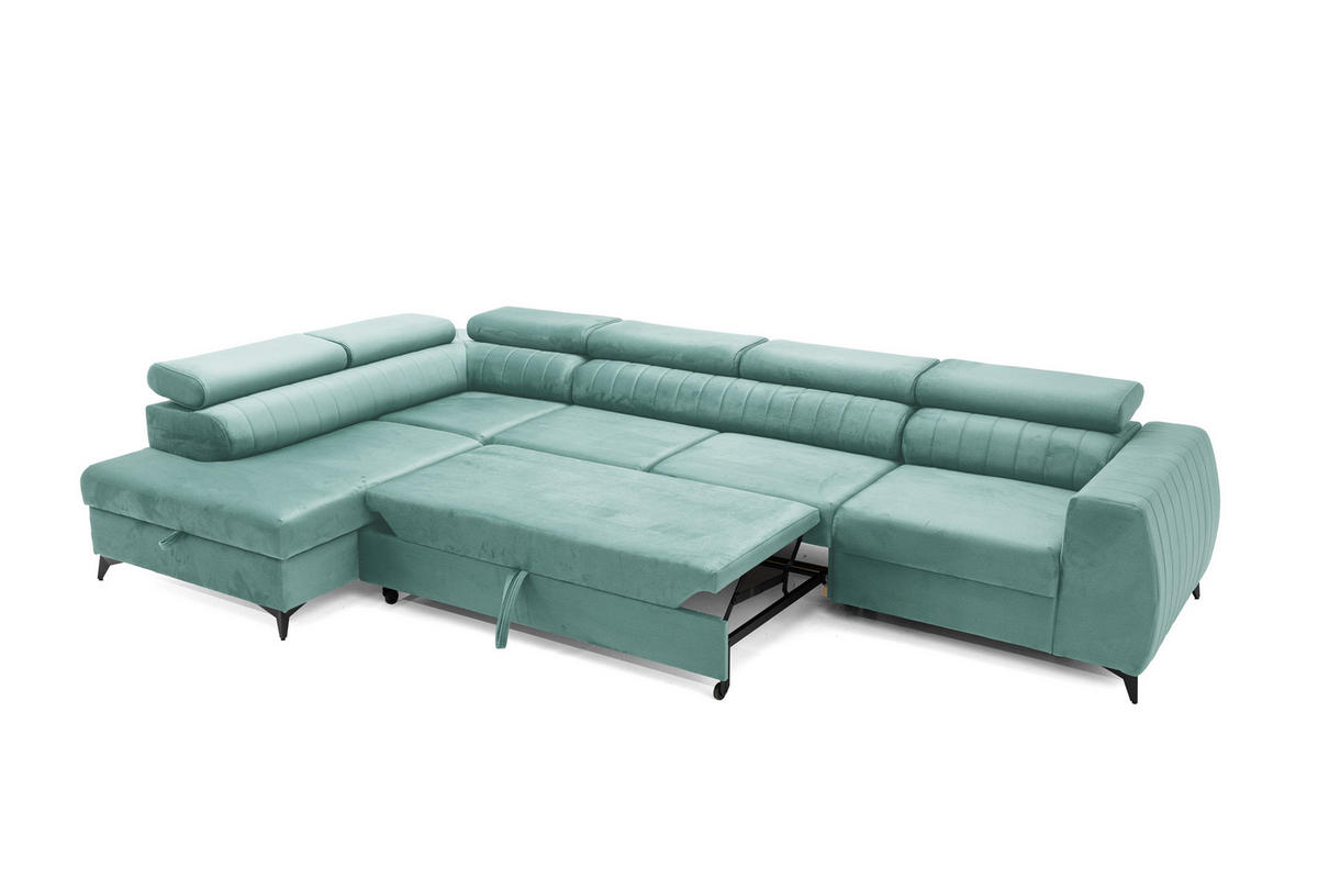 ECKSOFA PIERO MAXI Links mit Schlaffunktion 195x125 Velours Türkis - Türkis/Schwarz, Holz/Textil (350/203cm) - Muffo