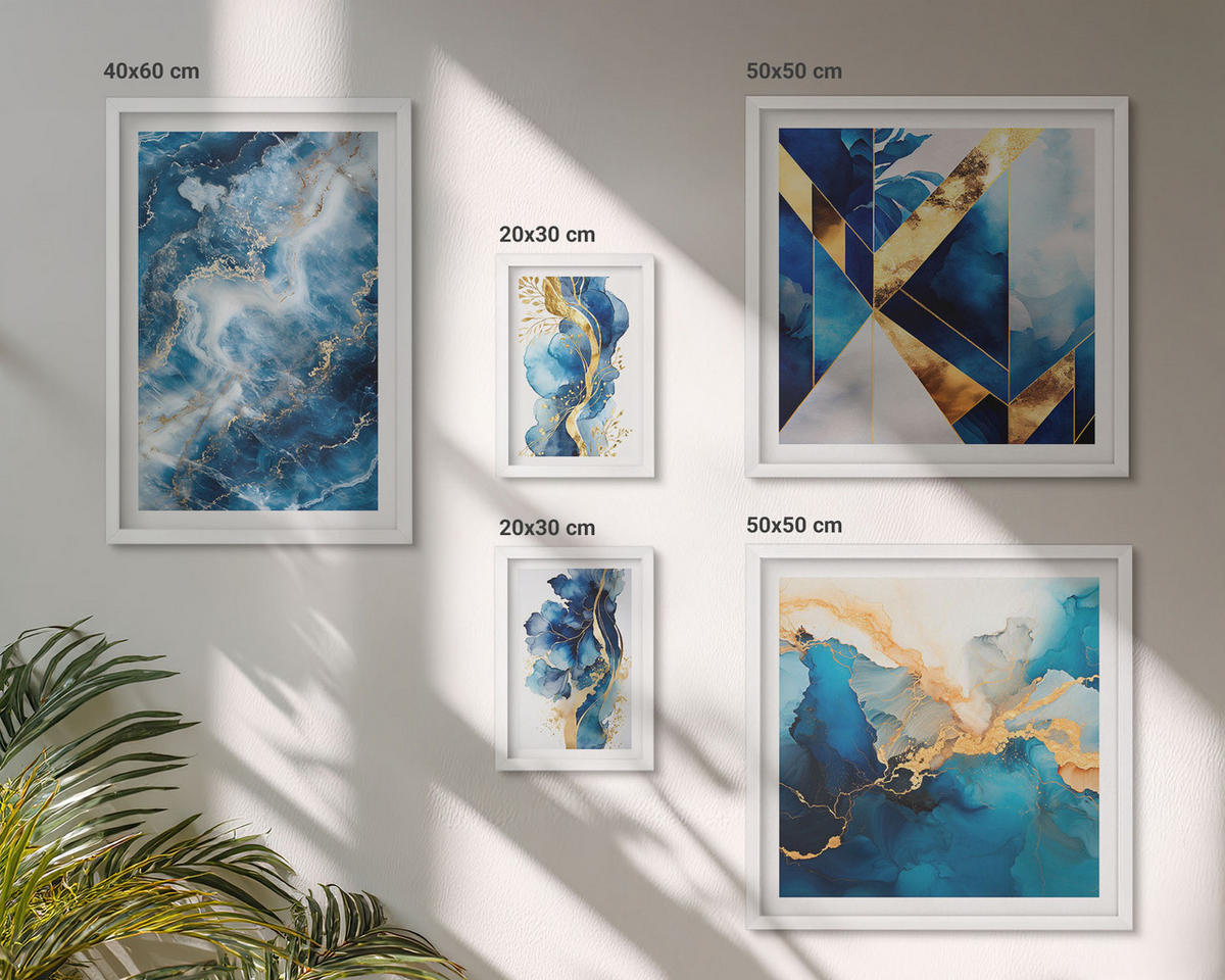 BILDER SET 5er Set - 50x50 cm & 20x30 cm & 40x60 cm Weißer Rahmen - Blaue abstrakte Muster - Weiß, Kunststoff (40/60cm) - TULUP