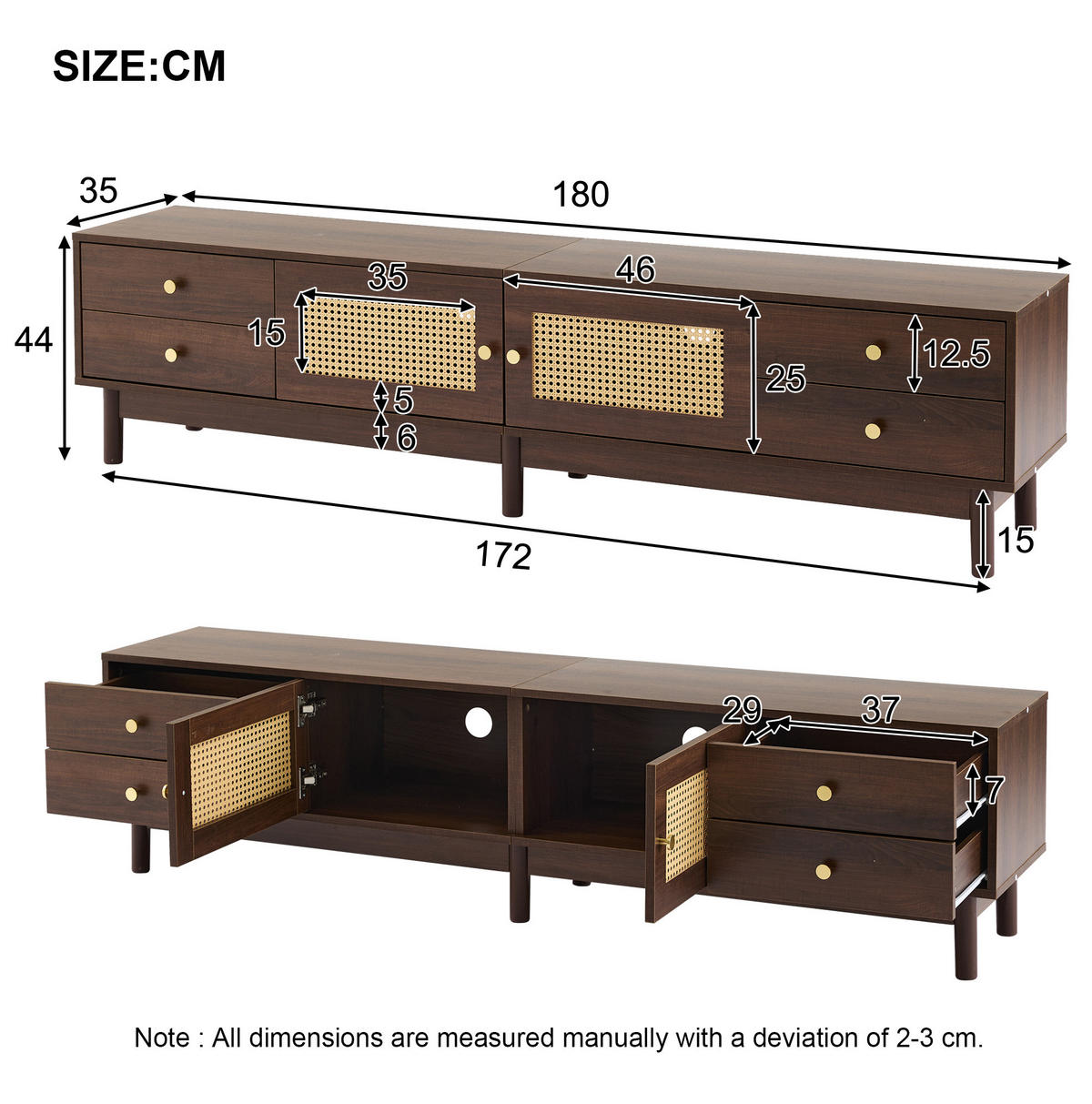 TV-SCHRANK aus Holzwerkstoff 180x35x44 cm Braun mit Rattantüren, 4 Schubladen, Kabelmanagement und hydraulischen Scharnieren - Rotbraun, Holzwerkstoff (180/44/35cm) - Modfu