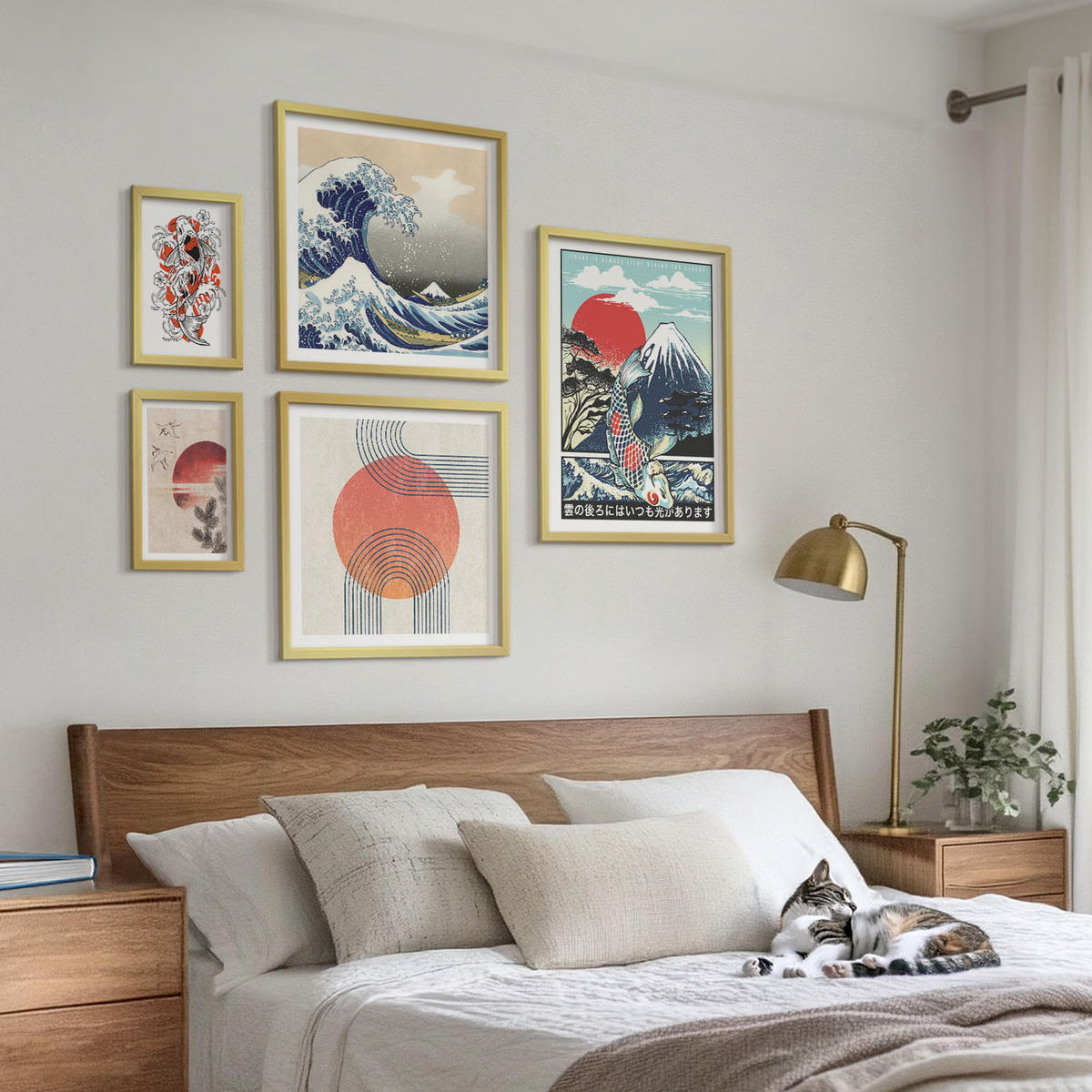 WANDBILDER 5er Set - 50x50 cm & 20x30 cm & 40x60 cm Goldrahmen - Illustrationen von Fischbergen, die sich in Japan ausbreiten - Goldfarben, Kunststoff (40/60cm) - ArtPrintCave