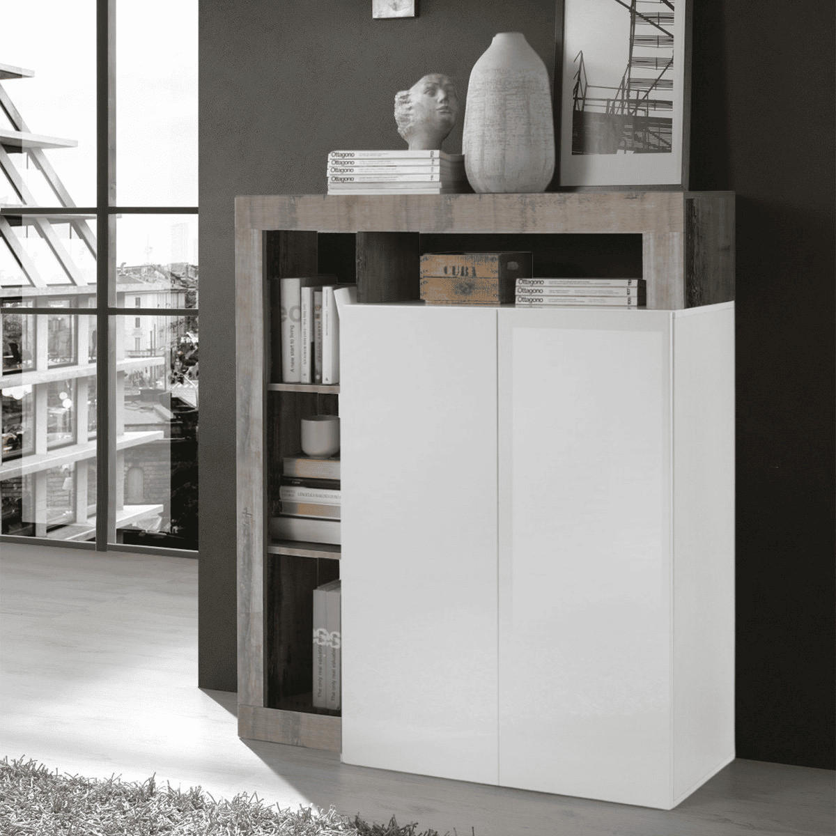 HIGHBOARD mit 2 Türen Frankfurt - L108 cm - Weiß/Grau, Holzwerkstoff (108/127/42cm) - Calicosy