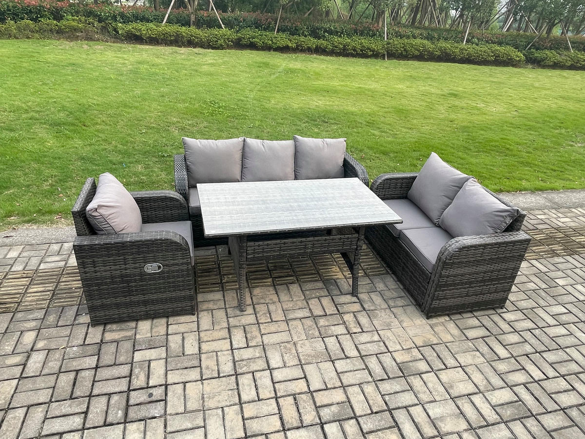 Gartenmöbelset mit 3-Sitzer Sofa,Esstisch,Polyrattan Dunkelgrau 6-Sitzer - Dunkelgrau/Grau, Glas/Kunststoff - Fimous
