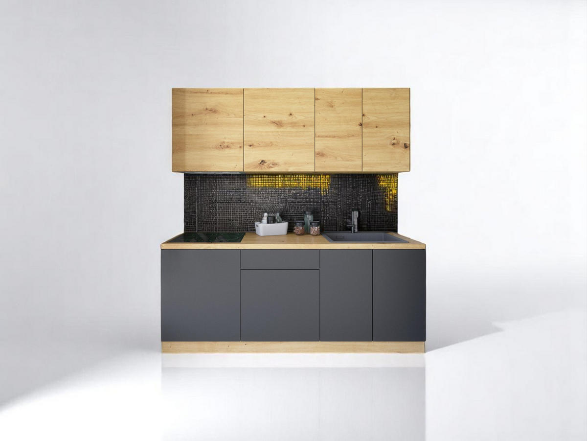 KÜCHENZEILE 200 cm - Langen K21-M200 - in Artisan Eiche / Grau - Eiche Artisan/Grau, Holz/Holzwerkstoff (200/210/47cm)