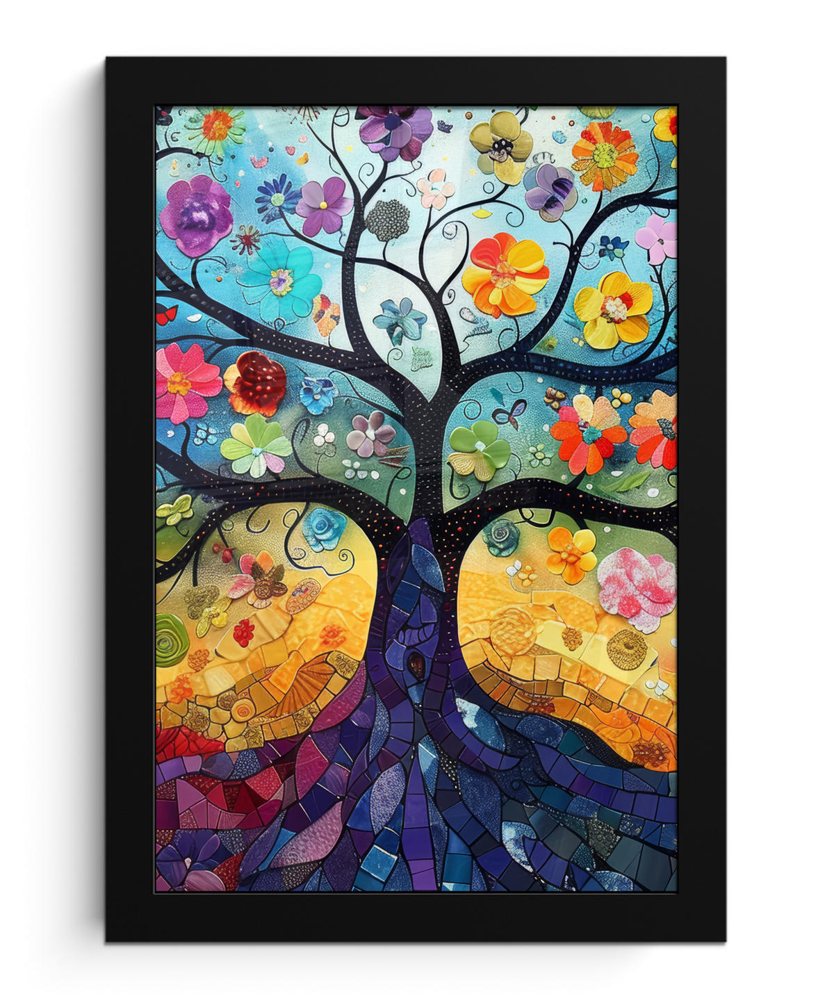 GERAHMTES BILD Kunst - Baum des Lebens - Blumen - Hippie 20x30 cm - Dunkelblau, Papier (20/30cm) - MuchoWow