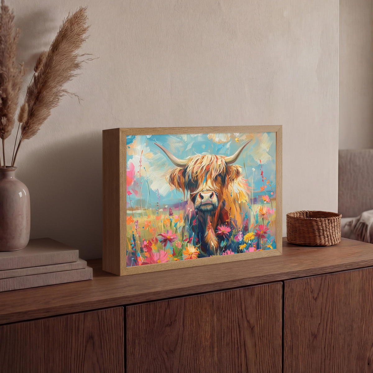 NÁSTĚNNÁ LAMPA S AKUMULÁTOREM Skotský horal - Příroda - Barevné - Květiny 40x30 cm - různobarevná, kompozitní dřevo (40/30/8cm) - OnlyWow
