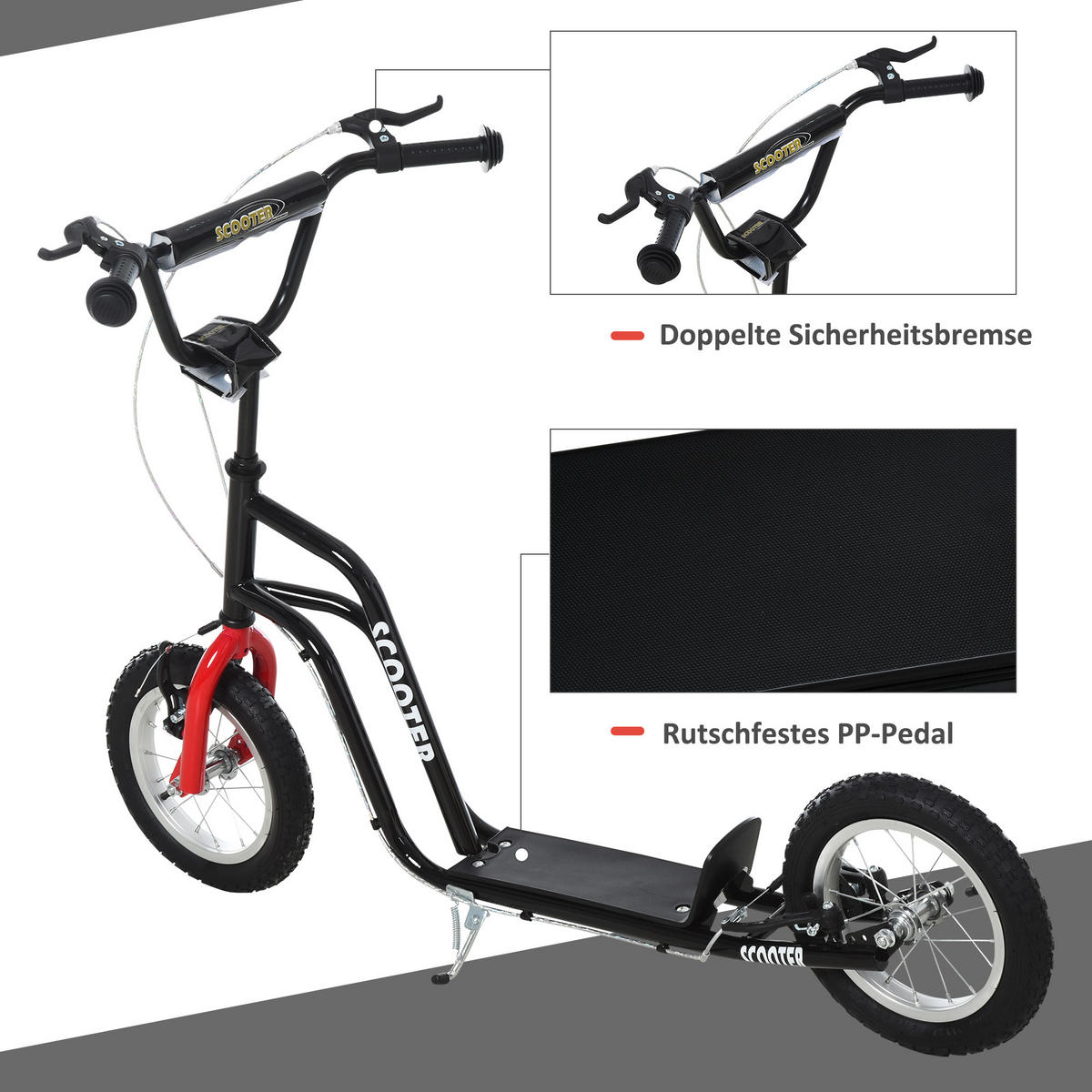 KINDERROLLER Lenker Verstellbar Tretroller mit Luftreifen 12 Zoll Schwarz - Schwarz, Metall (120/58/80cm) - HOMCOM