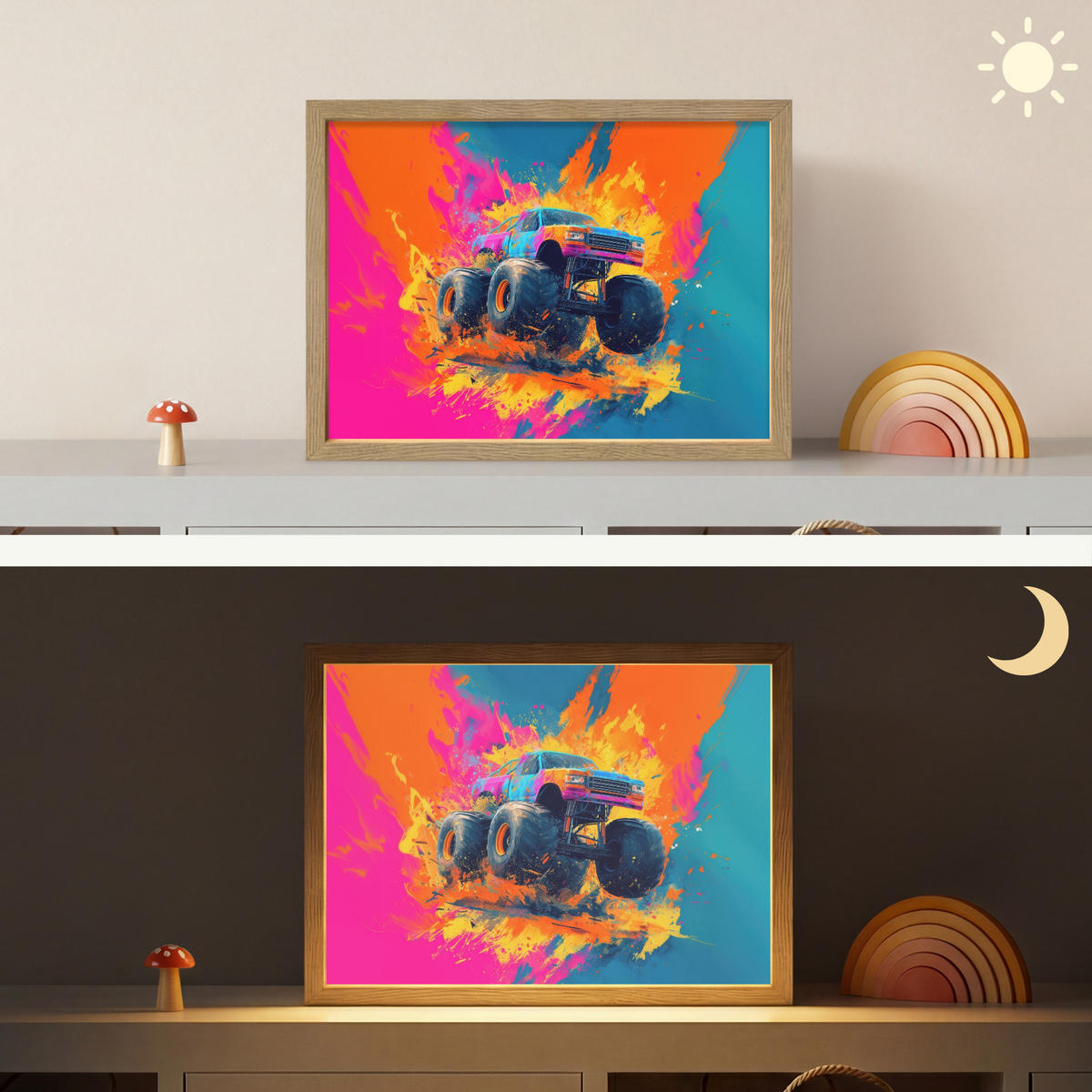 NÁSTĚNNÁ LAMPA S AKUMULÁTOREM Monster truck - Abstraktní - Stříkající barva - Barevné 40x30 cm - růžová, kompozitní dřevo (40/30/8cm) - OnlyWow