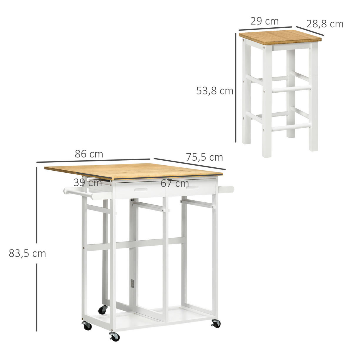BARTISCH-SET DE-14713 klappbar mit Rollen & 2 Hockern Weiß/Hellholz - Weiß, Metall (86/75.5/83.5cm) - ComfortXL