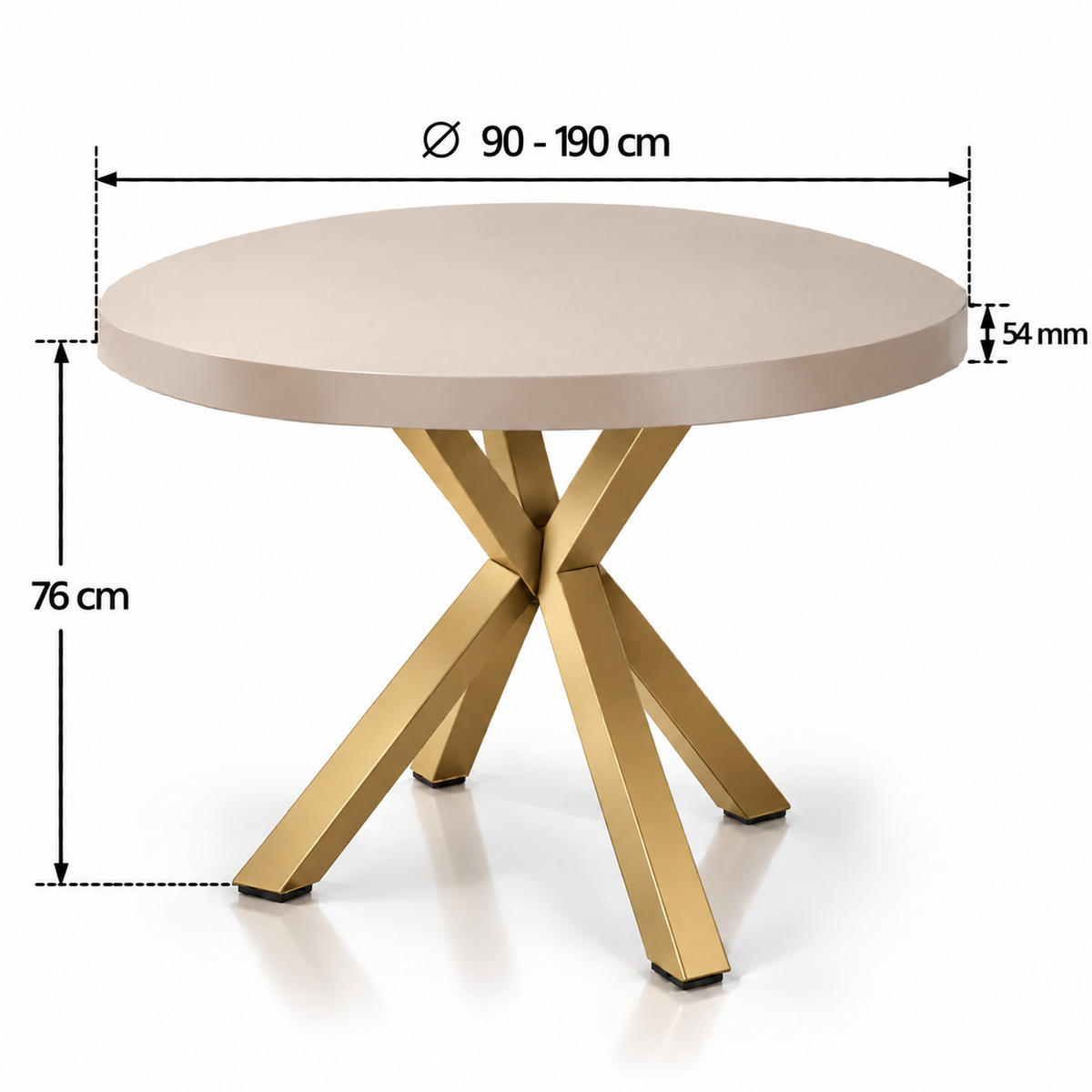 ESSTISCH rund ausziehbar 90/190/76 cm, Kaschmir, 54 cm Tischplatte + X Metallbeine Gold - Kaschmir/Goldfarben, Holzwerkstoff/Metall (90/190/76cm) - Damale Möbel