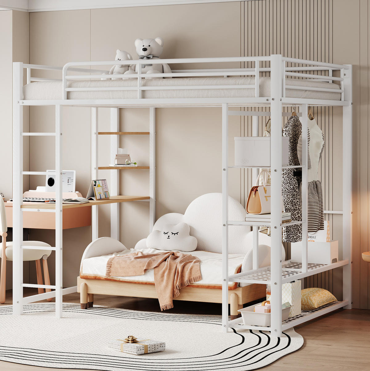 HOCHBETT 140/200 cm Weiß aus MDF und Metall mit Schreibtisch und Kleiderstange - Weiß, Metall (140/200cm) - OKMYHOME
