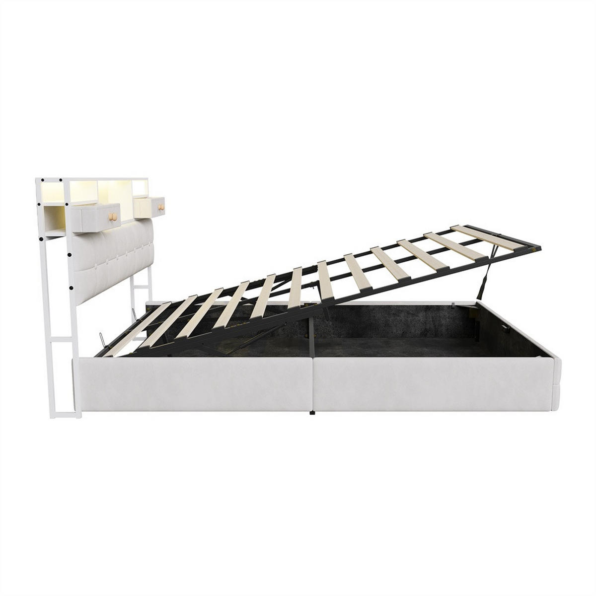 POLSTERBETT 140x200 cm - mit LED-Beleuchtung, 2 Nachttisch-Schubladen und hydraulischem Bettkasten - Beige - Beige, Textil (140/200cm) - DELFA