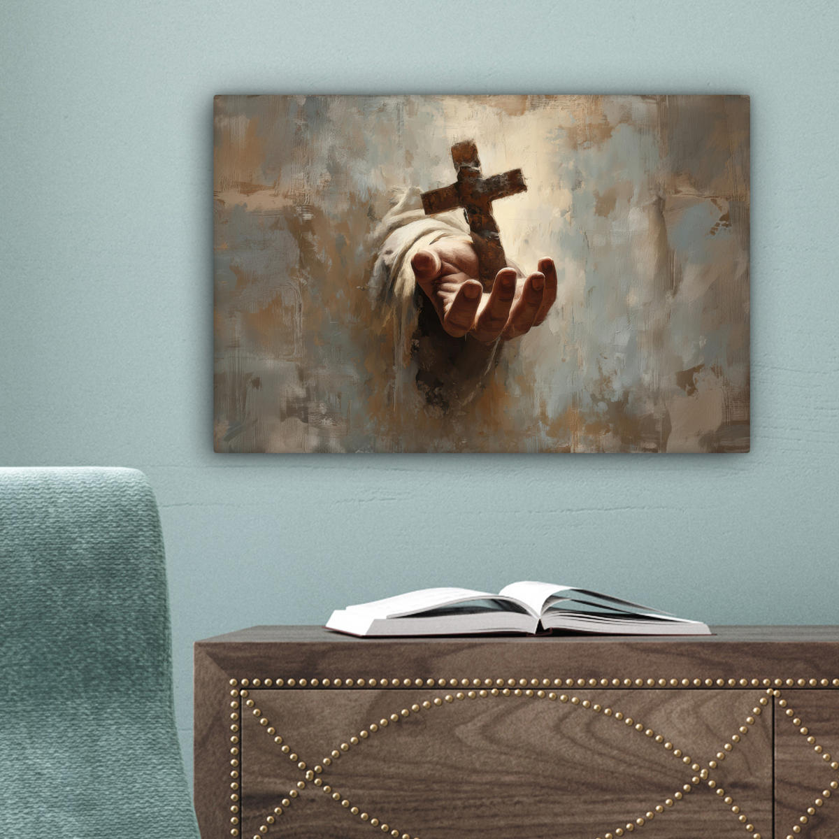 LEINWANDBILD Abstrakt - Kreuz - Hand - Christentum Deko Schlafzimmer 30x20 cm - Hellbraun, Textil (30/20cm) - MuchoWow