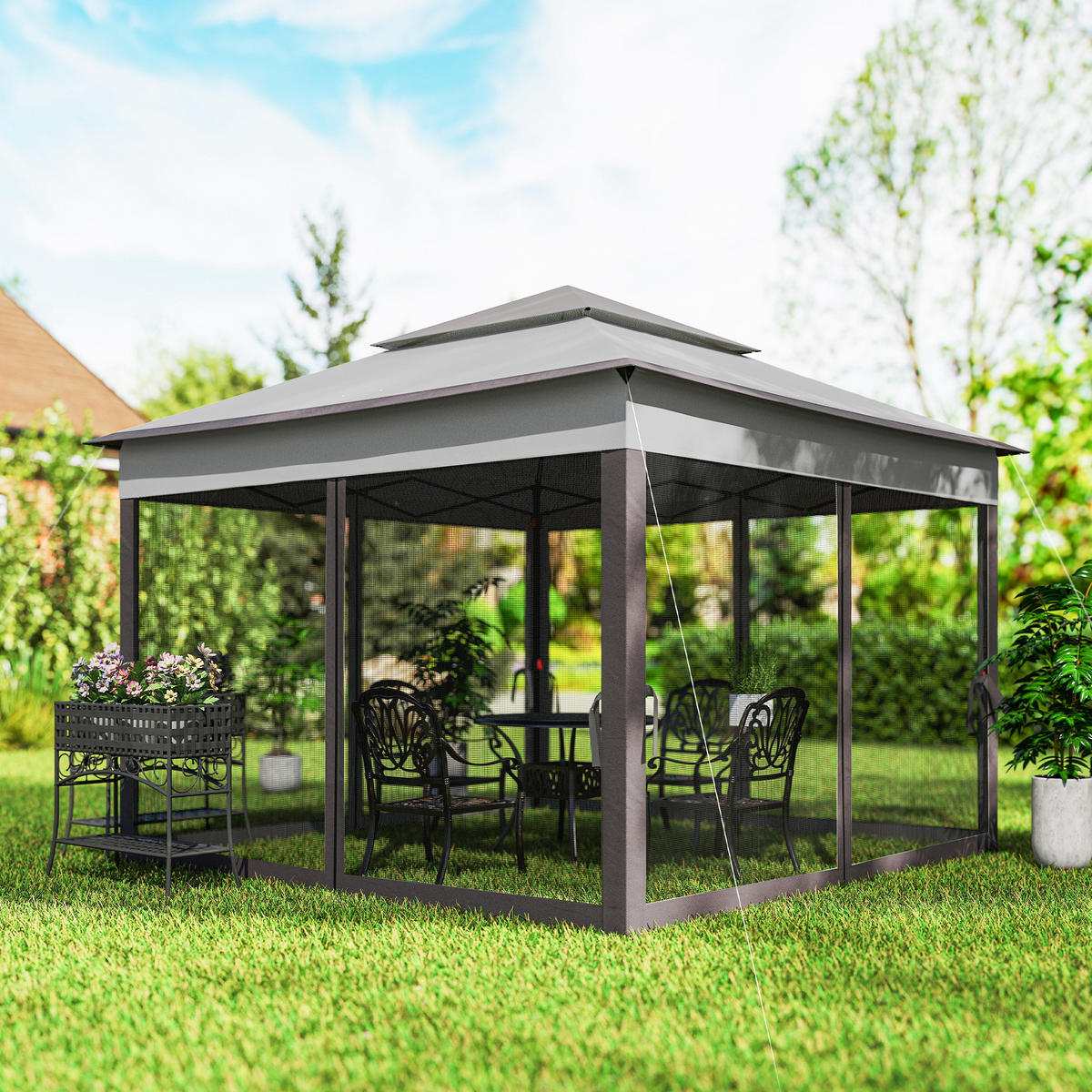 FALTPAVILLON Pavillon Gartenzelt Seitenwänden Pop-up-Zelt 3,25 x 3,25 m Grau - Hellgrau, Metall (325/270/325cm) - Outsunny