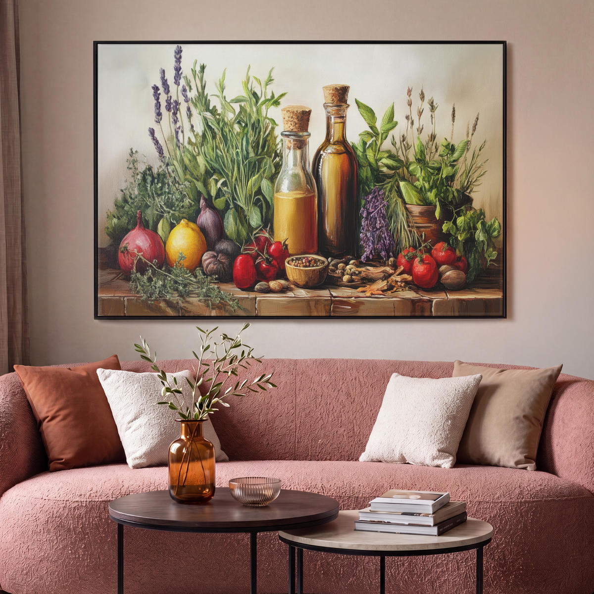 LEINWAND Bilder mit Rahmen - Stilleben - Kräuter - Gewürze - Früchte - Farbenfroh - 120x80 - Grün, Textil (120/80cm) - MuchoWow