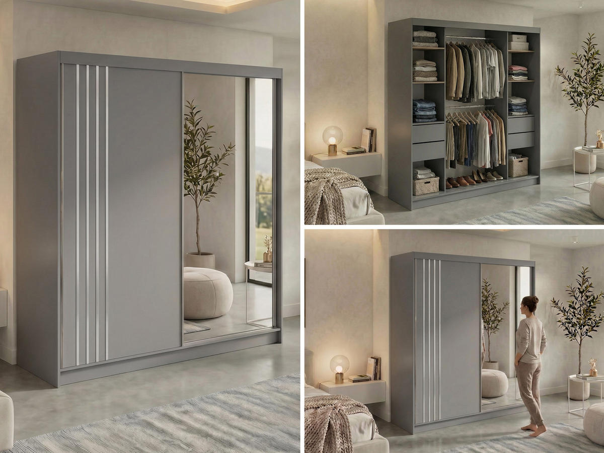 SCHWEBETÜRENSCHRANK mit Lamellen, Spiegel und Schubladen DIANA - 200 - Grau und Weiß - Alufarben/Weiß, Holzwerkstoff/Metall (200/216/61cm) - MKS