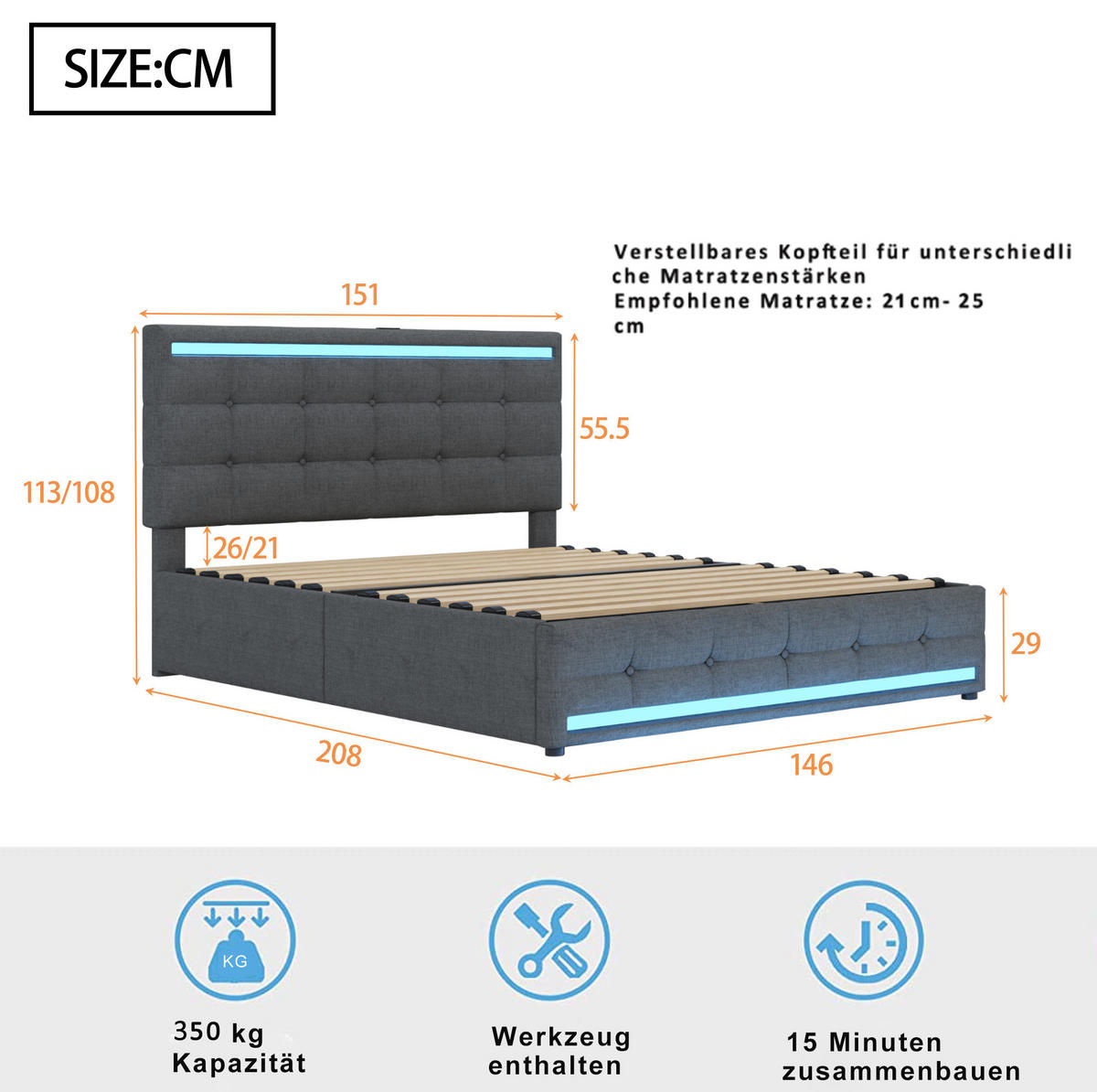 ČALOUNĚNÁ postel 140/200 cm šedá, čalouněná s LED osvětlením, USB a úložnými zásuvkami - šedá, textil (140/200cm) - BEAOK