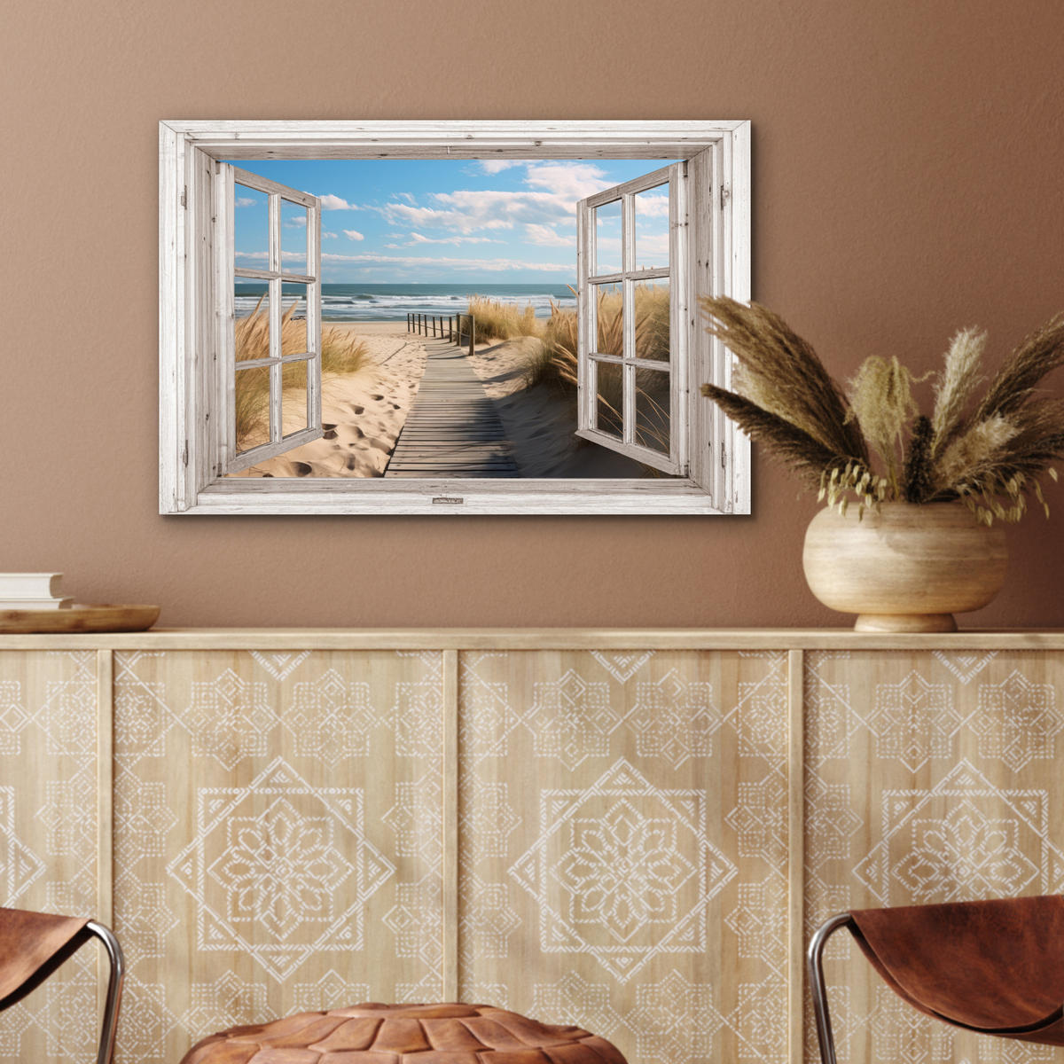 METALLBILD Fenster - Meer - Küste - Natur - Ausblick - Strand - Wattenmeer 60x40 cm - Beige, Metall (60/40cm) - MuchoWow