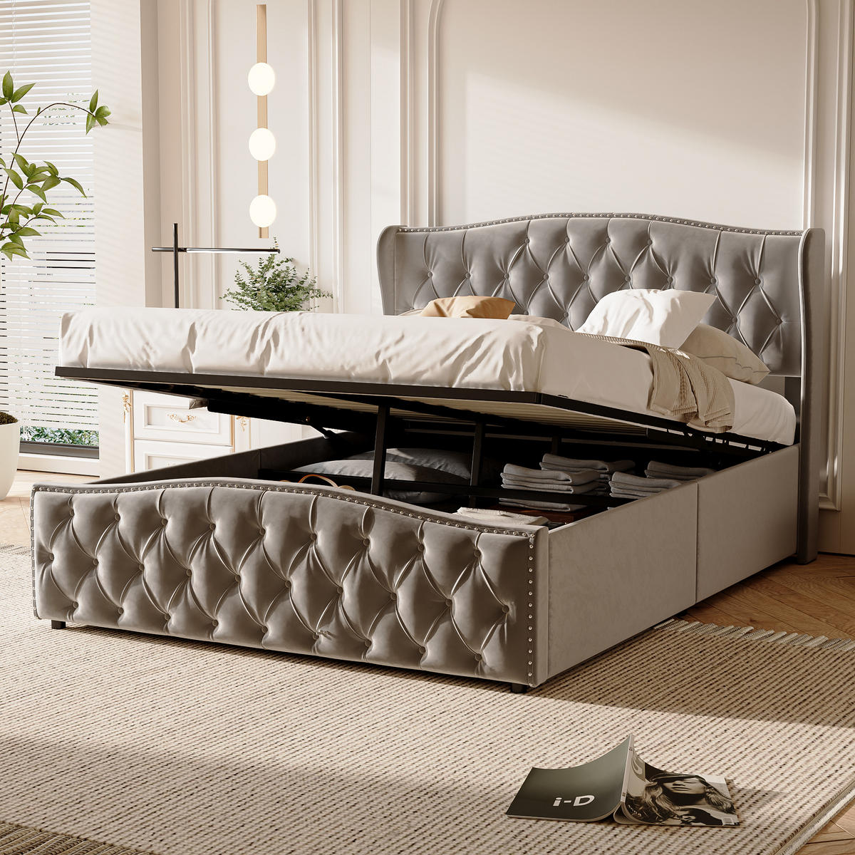 POLSTERBETT 140x200 cm Stauraum Kopfteil Lattenrost Samt grau - Grau, Holz (140/200cm) - LEBENLANG