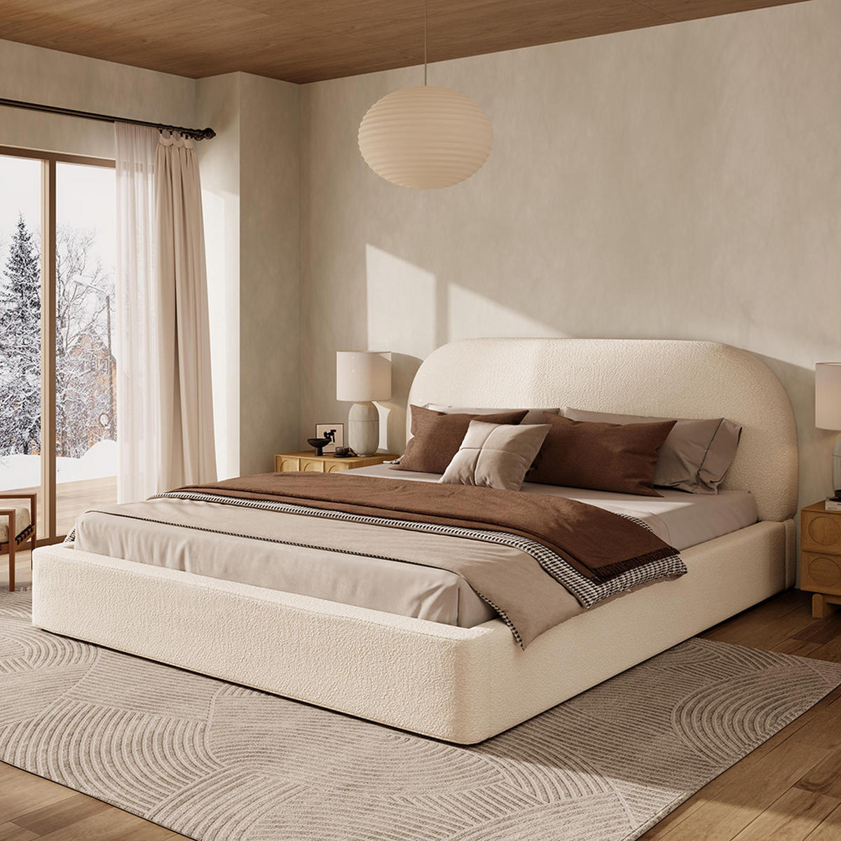 POLSTERBETT 180 x 200 cm, Bett mit Latten, gepolstertes Kopfteil, beige Bouclé - Beige, Holz/Textil (180/200cm) - KOMHTOM