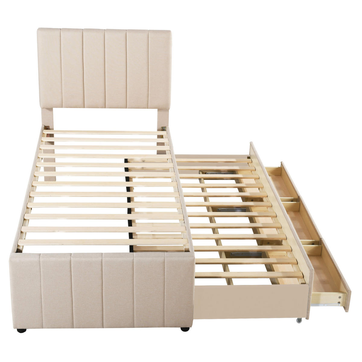 POLSTERBETT 90/200 cm mit Ausziehbett und 3 Schubladen, höhenverstellbarem Kopfteil und Leinenbezug, Beige - Beige, Textil (90/200cm) - Redom