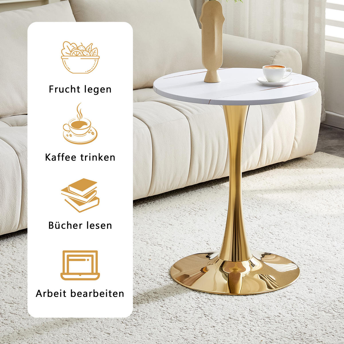BEISTELLTISCH aus MDF und Metall 60x60x72 cm Weiß/Gold mit runder Tischplatte und stabilem Mittelfuß - Weiß, Holzwerkstoff (60/60/72cm) - Modfu