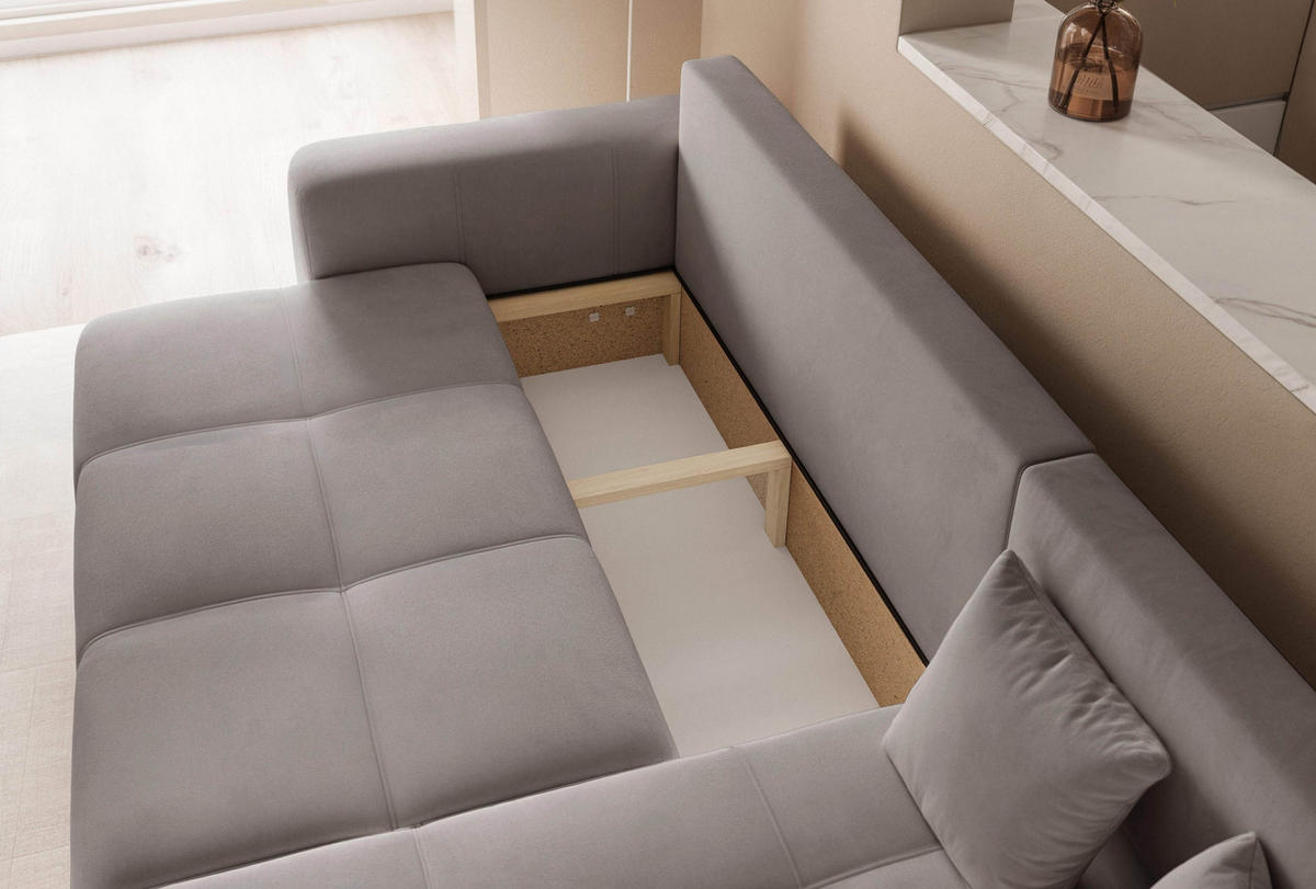 ECKSOFA Grau Velours mit Bettkasten und Schlaffunktion - Grau, Textil (248/145cm) - Idohome