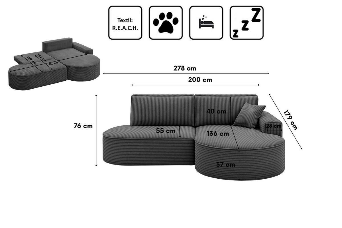 ECKSOFA Modena Pro - Komfort Und Stil Stoff Poso Graphit Rechts - Graphitfarben, Holz (278/179cm) - Kaiser Möbel