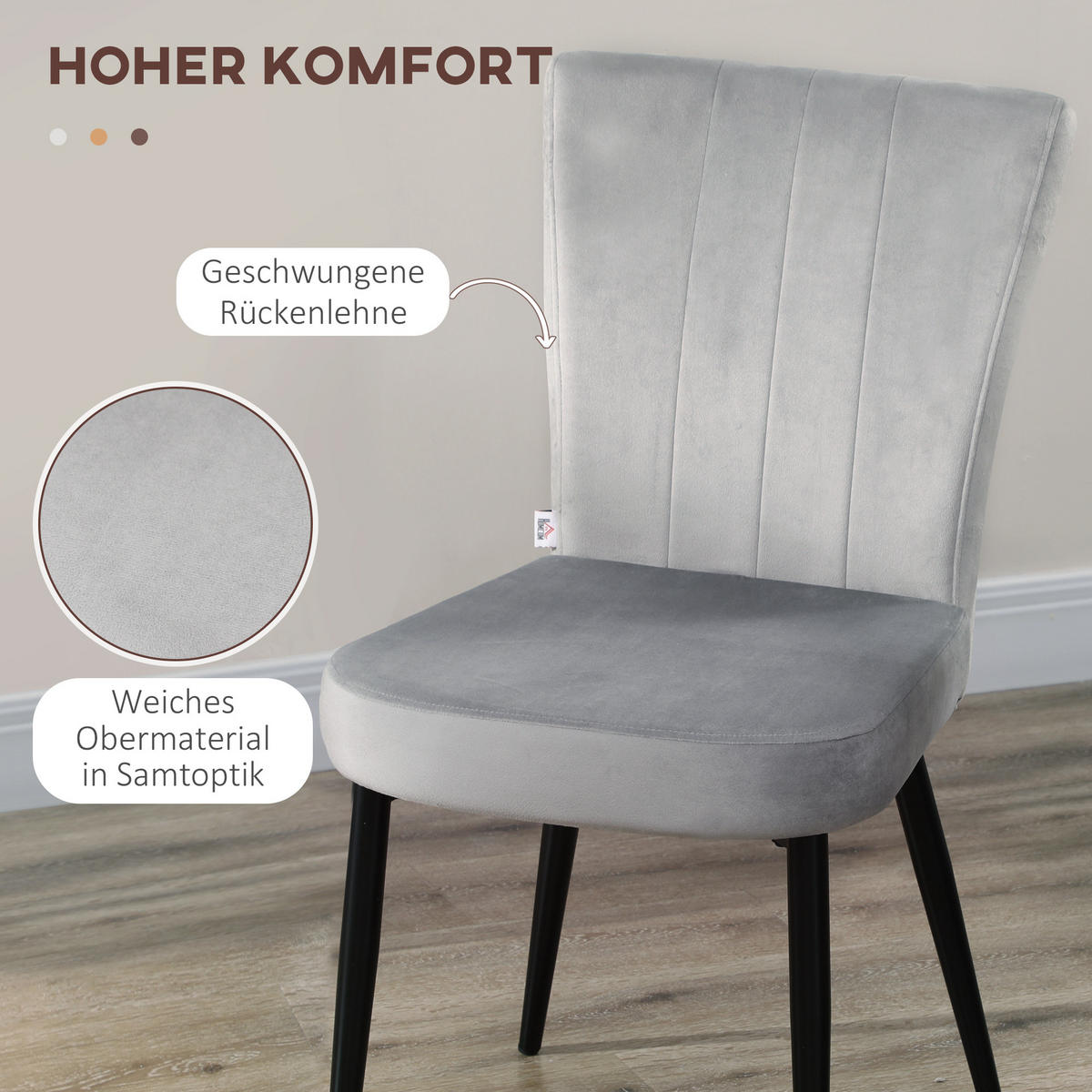 ESSZIMMERSTUHL, 4er-Set Küchenstühle, Essstuhl mit Rückenlehne, Samtoptik Grau - Grau, Kunststoff (65/87/46cm) - HOMCOM