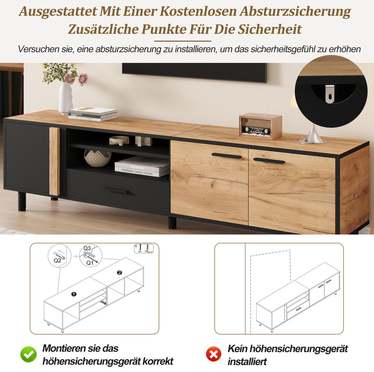 TV-LOWBOARD aus Spanplatte 180x32,5x50 cm Schwarz/Holzoptik mit 3 Türen und Schublade - Schwarz, Holzwerkstoff (180/50/32.5cm) - IVMEU