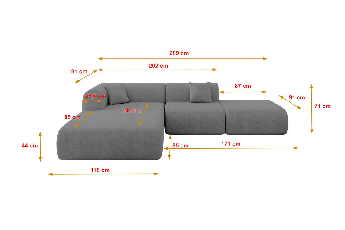 ECKSOFA Ottomane Links OVLY-L 289x176x71 Grau Samt - Taupe/Schwarz, Holzwerkstoff/Kunststoff (176/289cm) - ALTDECOR