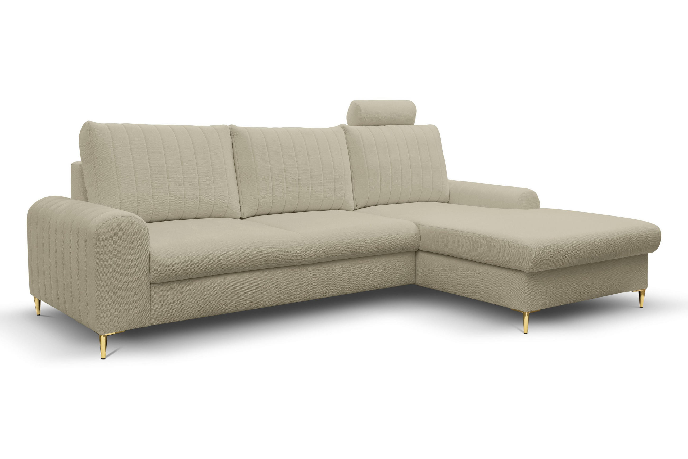 ECKSOFA VERONA R-S Beige Geflochtener Stoff mit Schlaffunktion - Beige, Holz (251/164cm) - MASSENO
