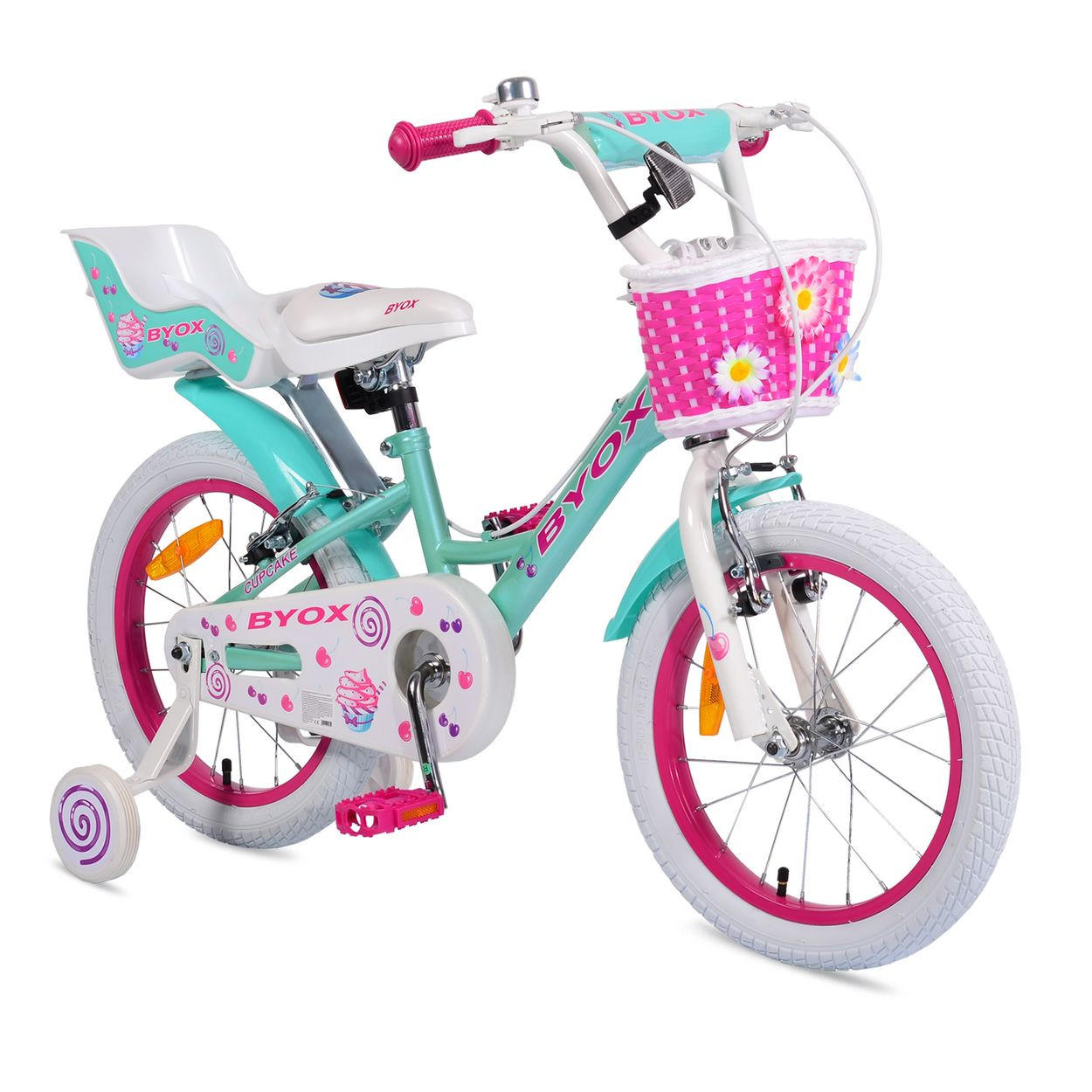 KINDERFAHRRAD 16 Zoll Cupcake pink Stützrädern, Puppensitz, Korb, Metallrahmen - Rosa, Metall (80cm)