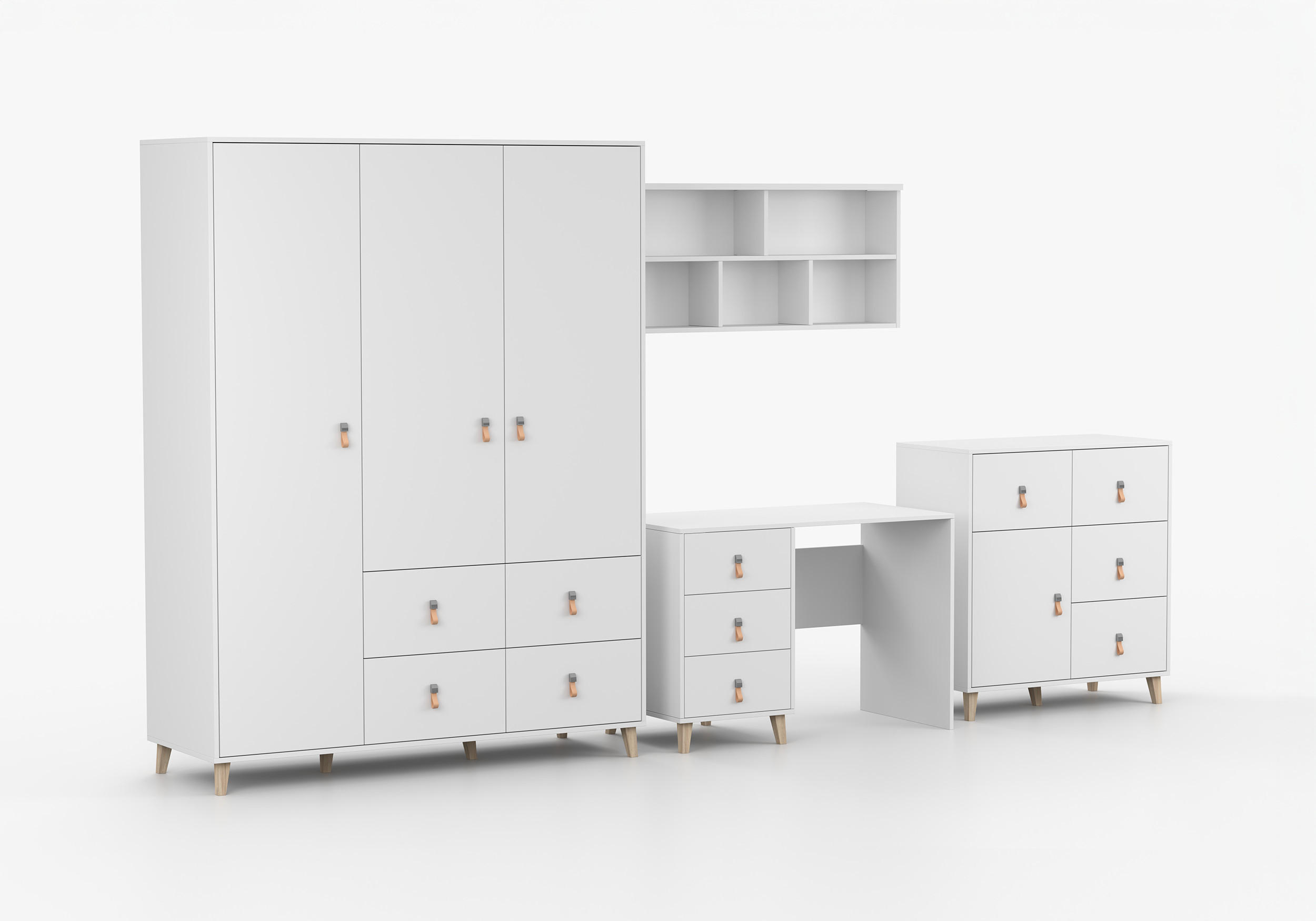 JUGENDZIMMER Svala 4 teilig in Weiß, Skandinavischer Stil, großer Kleiderschrank, Schreibtisch, Kommode 02, Jugendbett - Weiß, Holzwerkstoff (80/200/120cm)