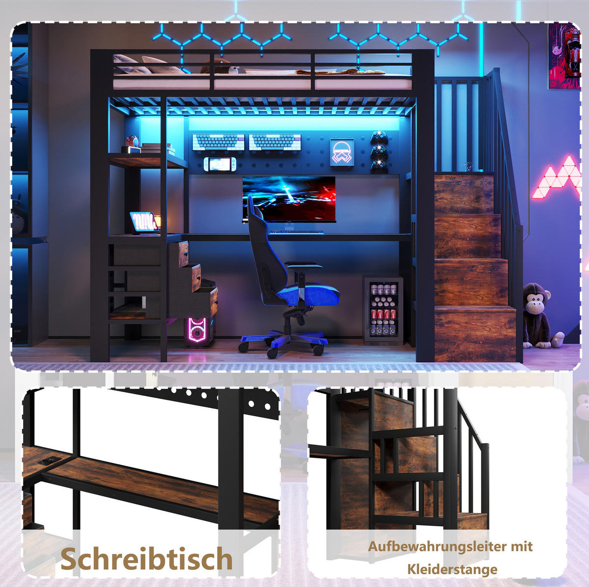 HOCHBETT 90/200 cm Schwarz mit Schubladen, Ablagefläche, Tisch, LED-Licht - Schwarz, Metall (90/200cm) - MIVRAY