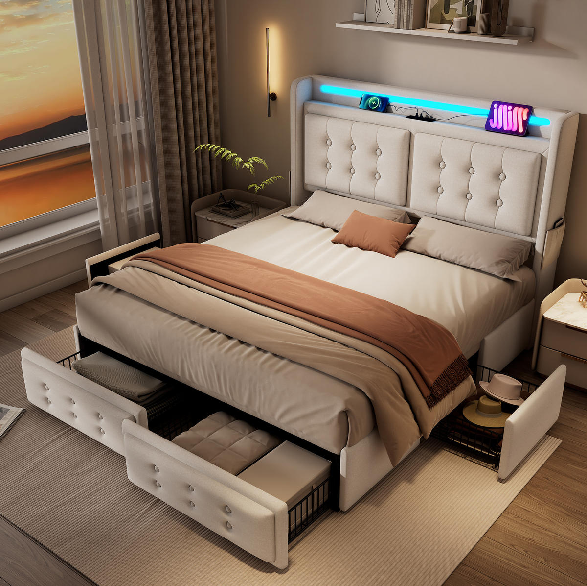 BETT mit Matratze 140x200 cm Beige Baumwoll-Leinen mit LED und 4 Schubladen - Beige, Metall (140/200cm) - Meubliv