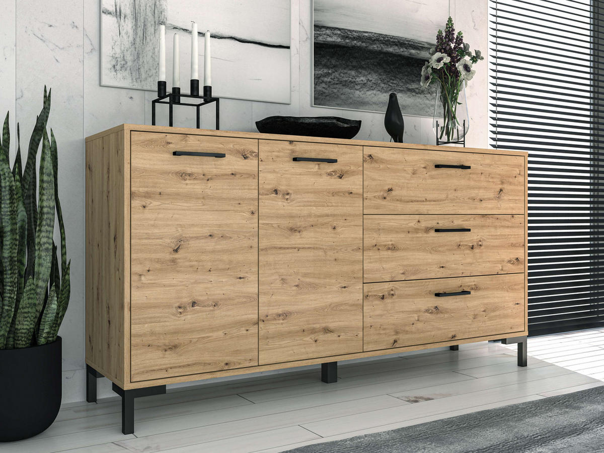 KOMMODE – 120 cm – Nevio – Schwarz / Eichefarben – KM-021 - Eichefarben/Schwarz, Holzwerkstoff (120/94/34cm) - hi-markt