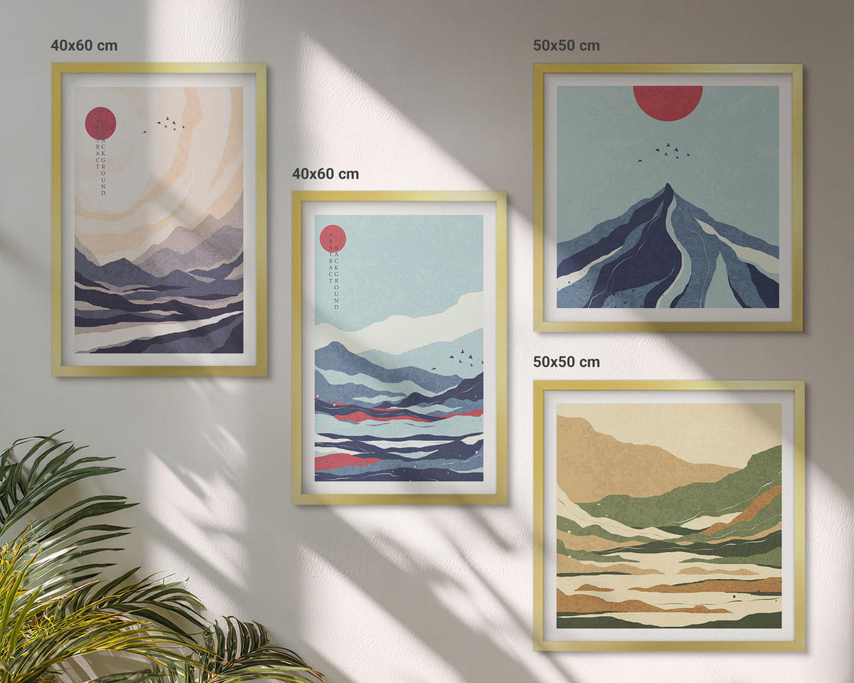 WANDBILDER 4er Set - 50x50 cm & 40x60 cm Goldrahmen - Abstrakte Berglandschaften - Goldfarben, Kunststoff (50/50cm) - ArtPrintCave