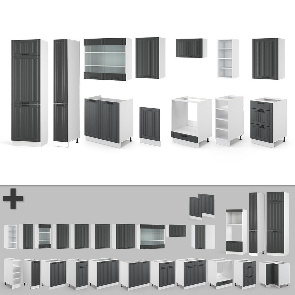 KÜCHENZEILE Fame-Line Anthrazit Landhaus/Weiß 355 cm mit Hochschrank ohne AP - Anthrazit/Weiß, Holzwerkstoff (355/81.6/46cm) - Vicco